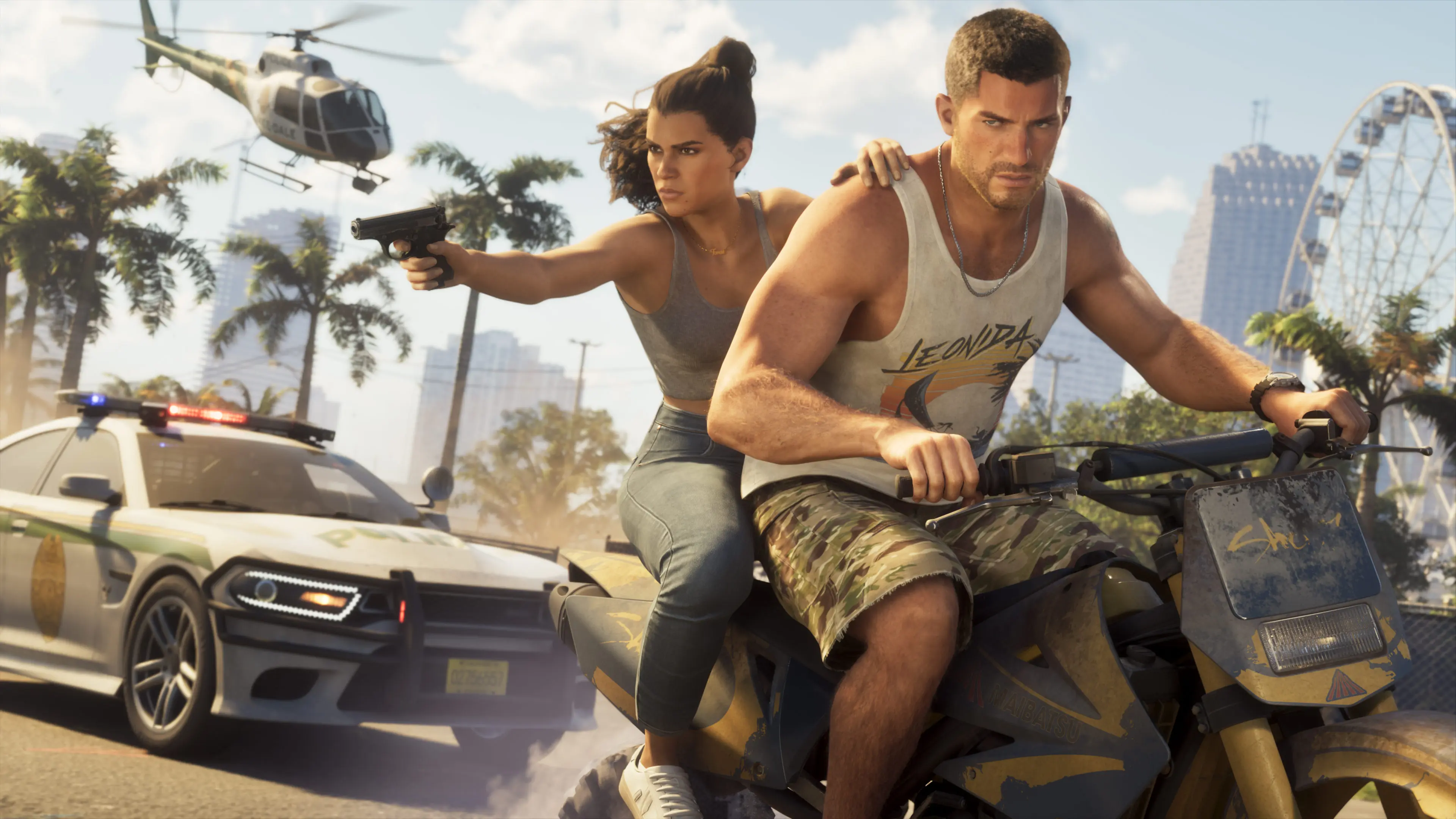 Jason and Lucia stand armed beside a car in bright official Grand Theft Auto VI artwork.