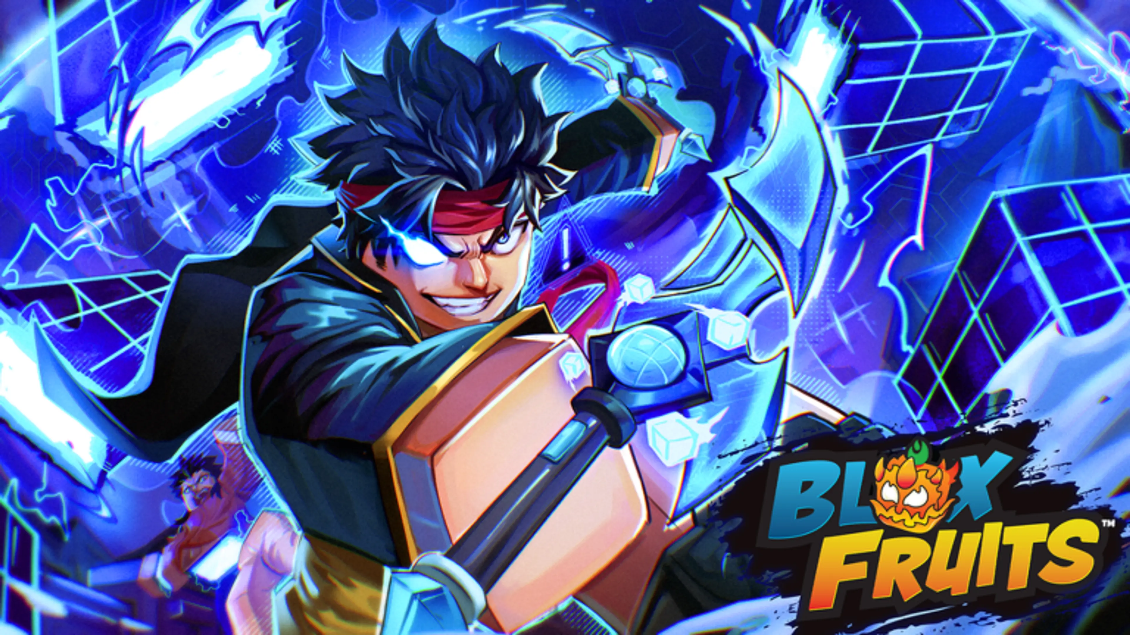 Blox Fruits fighter holds a glowing blue weapon in official game artwork.