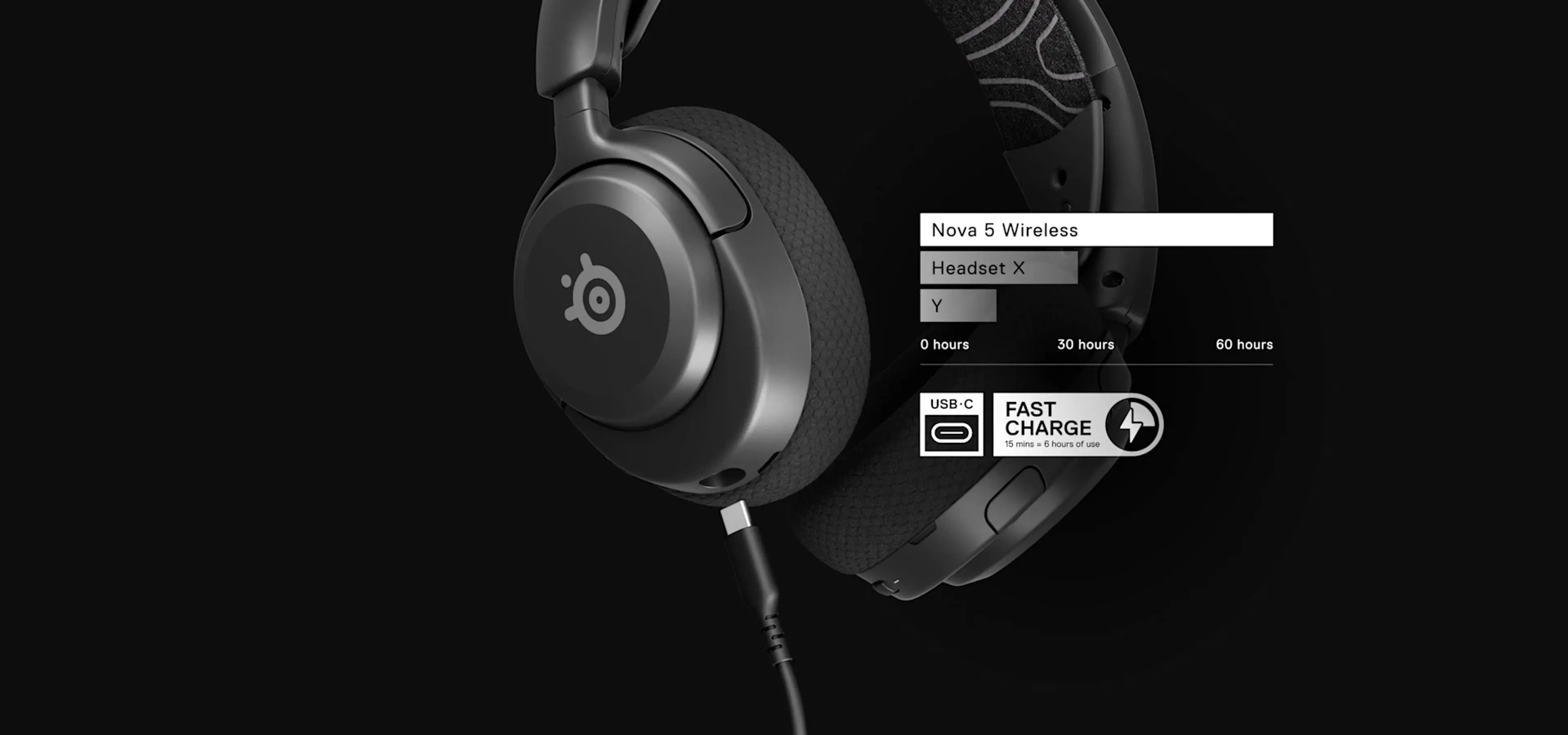 Nova 5 charging connection in a SteelSeries battery feature illustration