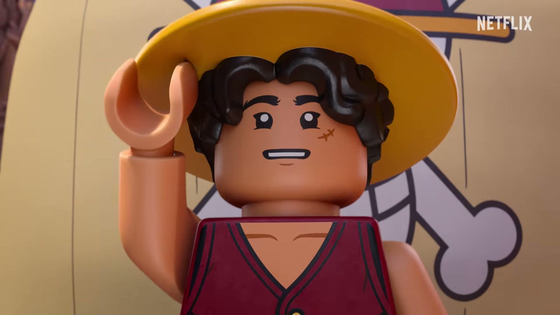 LEGO Luffy appears in an animated trailer frame.