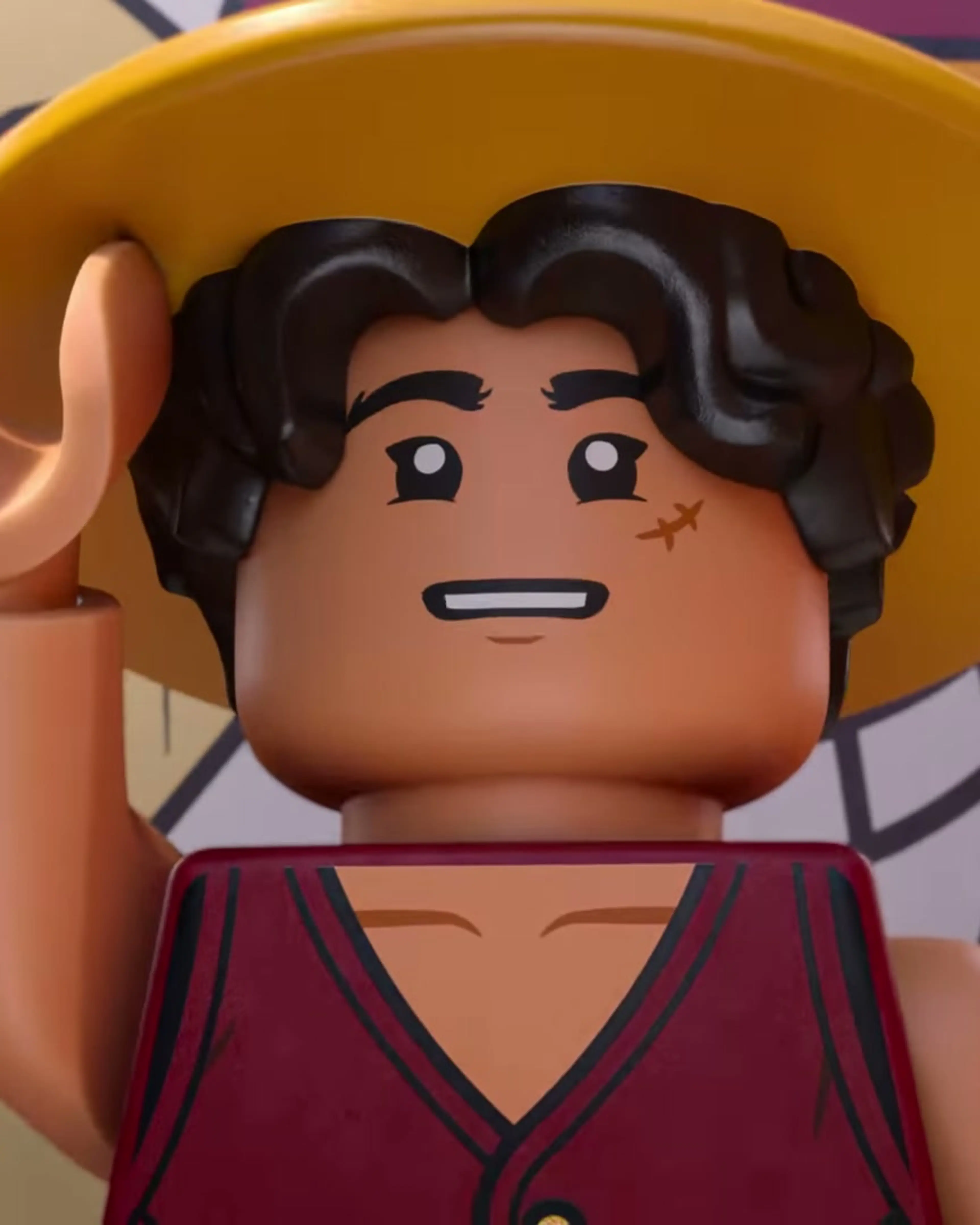 LEGO Luffy appears in an animated trailer frame.