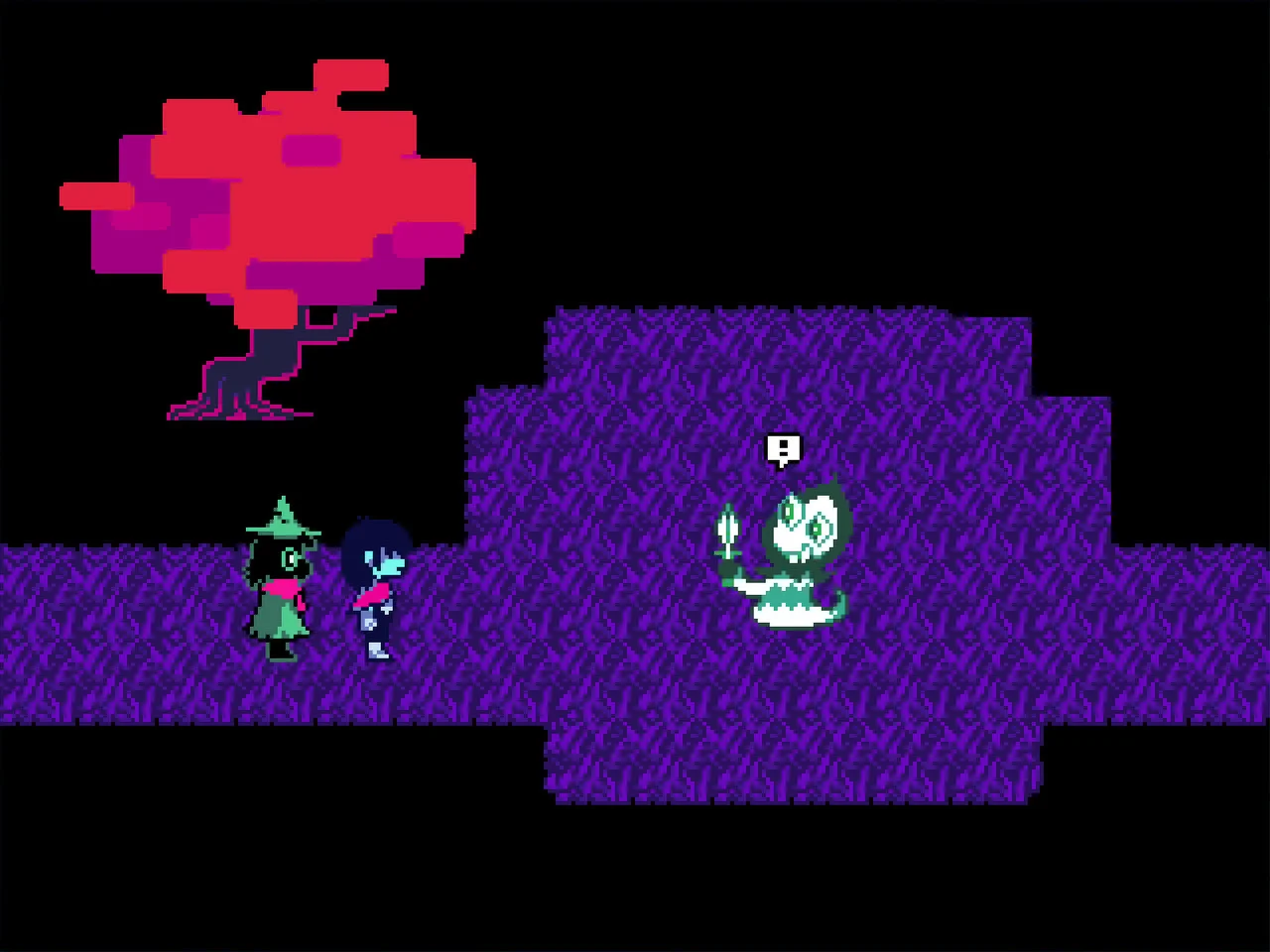 Kris and Ralsei approach a small character in a purple Dark World area in DELTARUNE.