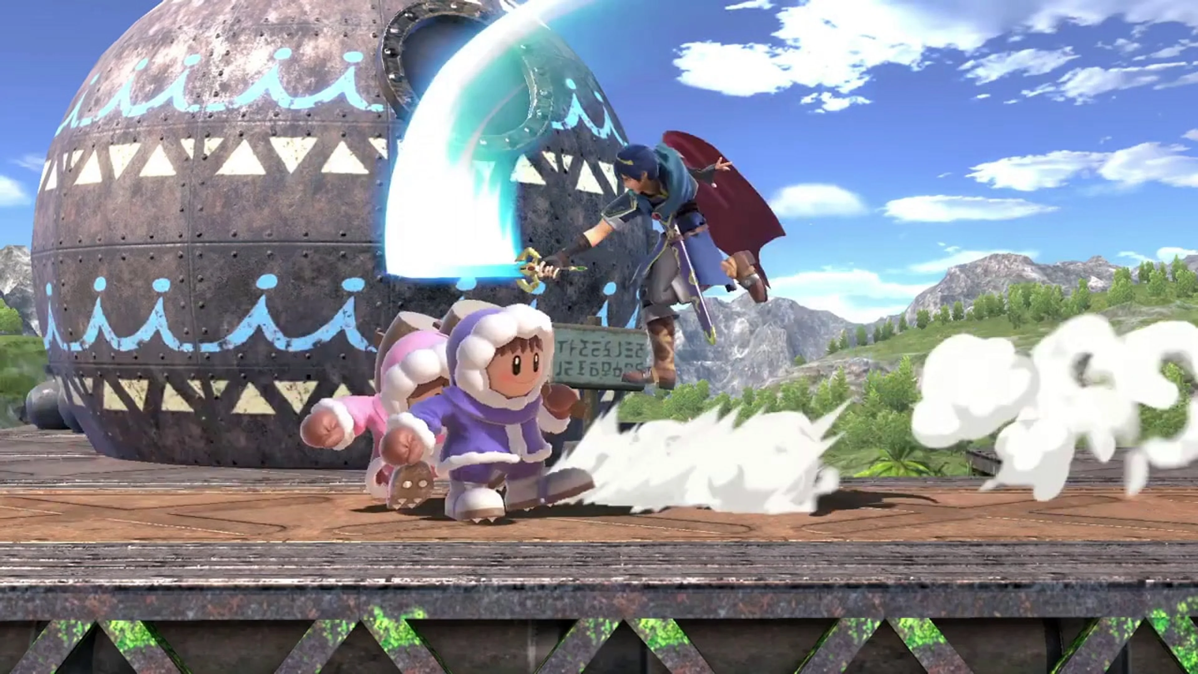 A fighter jumps a short distance and swings at an opponent above the ground.