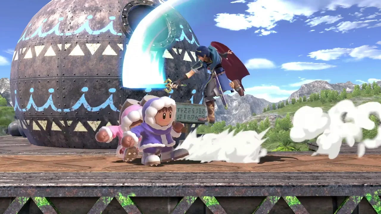 A fighter jumps a short distance and swings at an opponent above the ground.