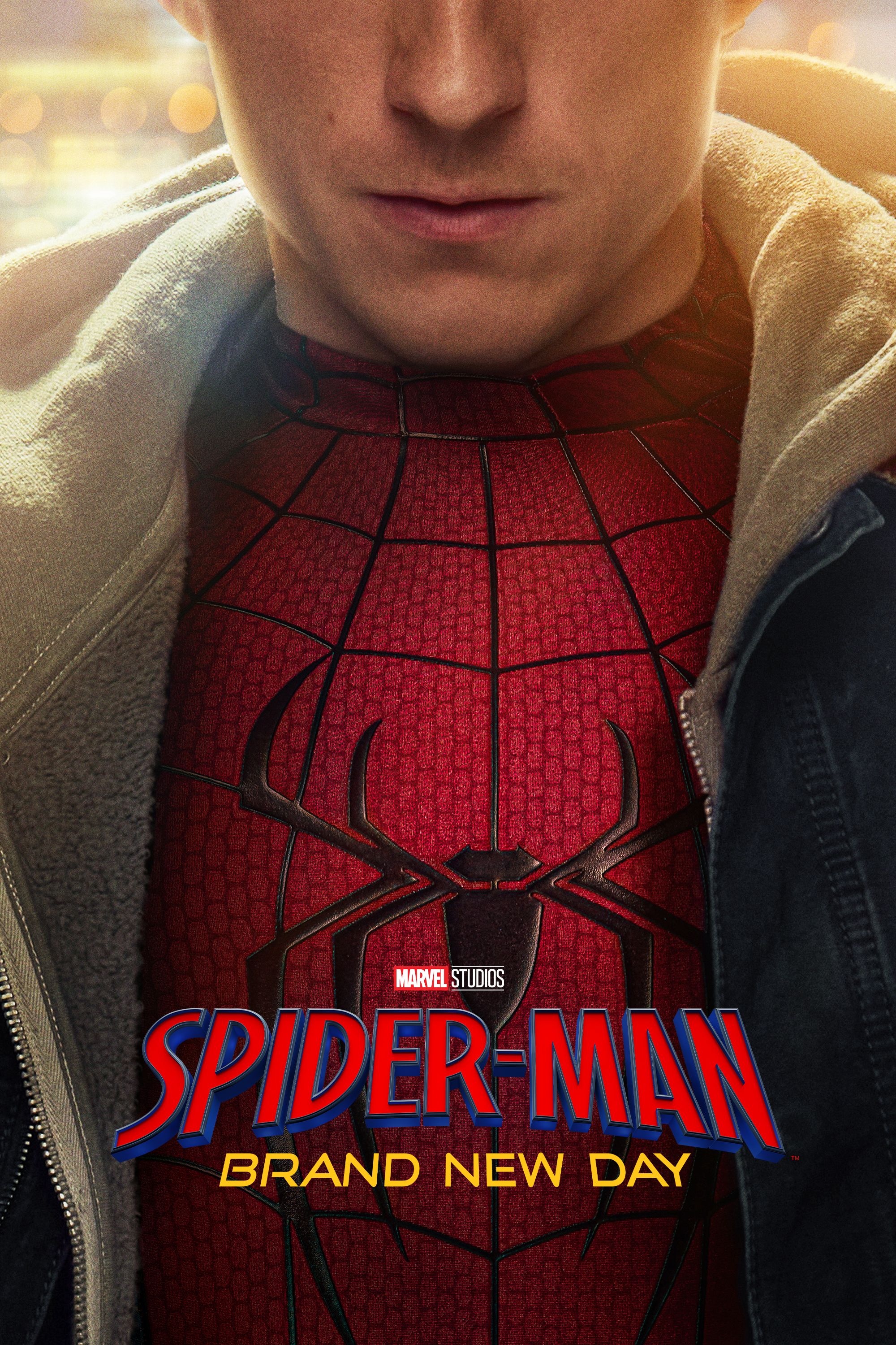 Official Sony Pictures poster for Spider-Man: Brand New Day, showing Peter Parker’s red suit beneath his jacket.