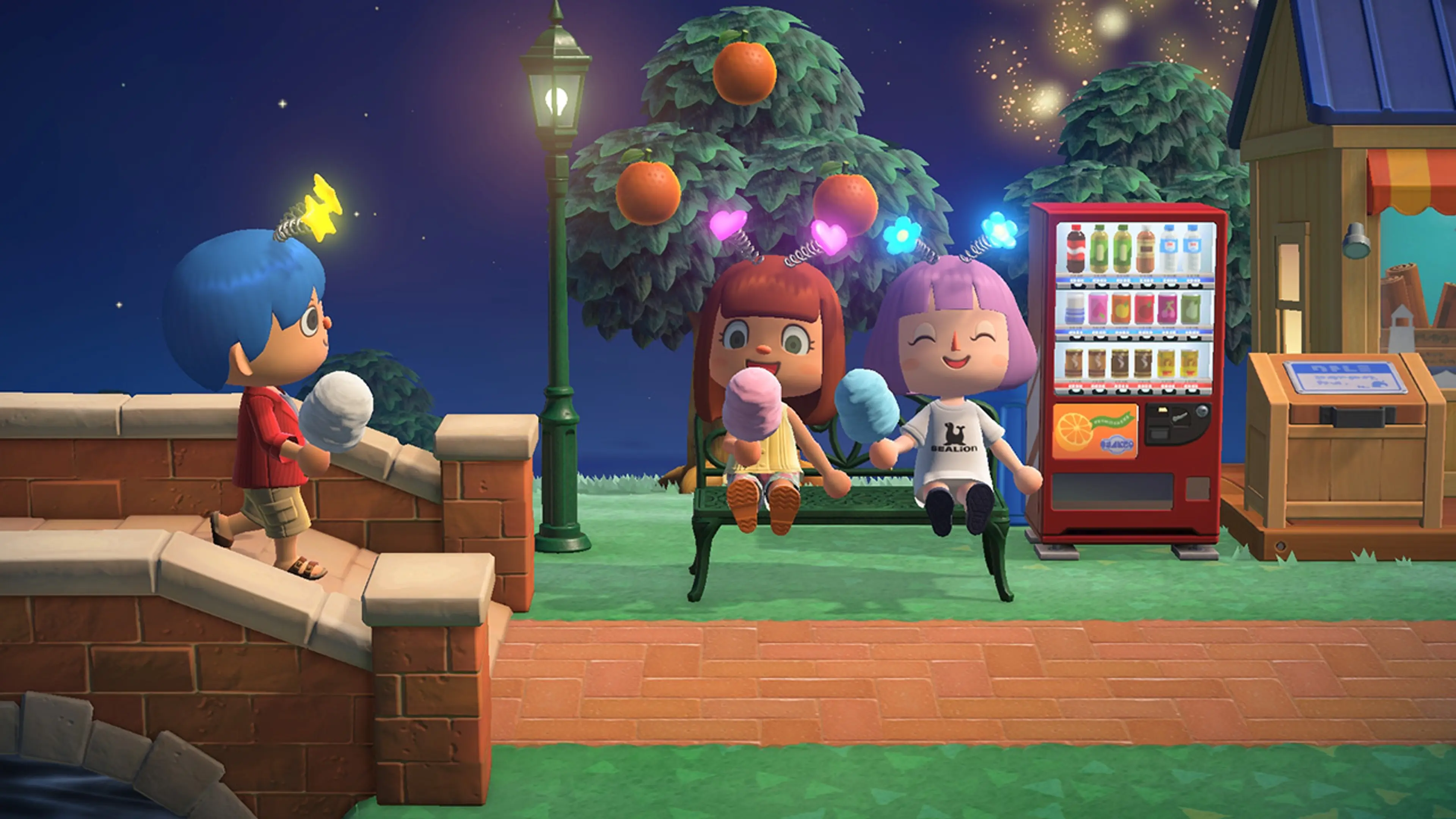 Three Animal Crossing players wearing glowing headbands beside a bench at night.