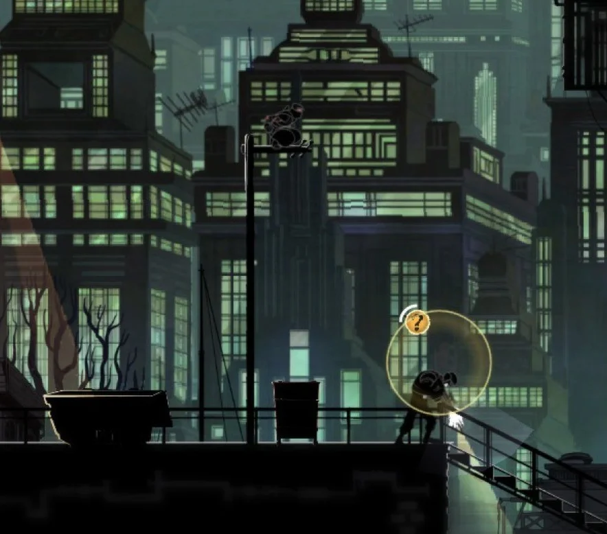 Close view of a ninja perched high above a rooftop guard and a yellow question-mark icon.