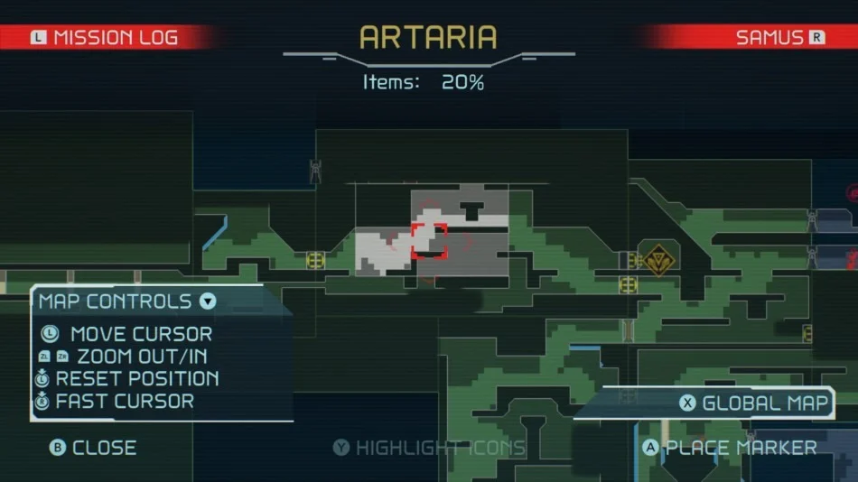 Artaria map with a small room glowing white to show an item remains there.