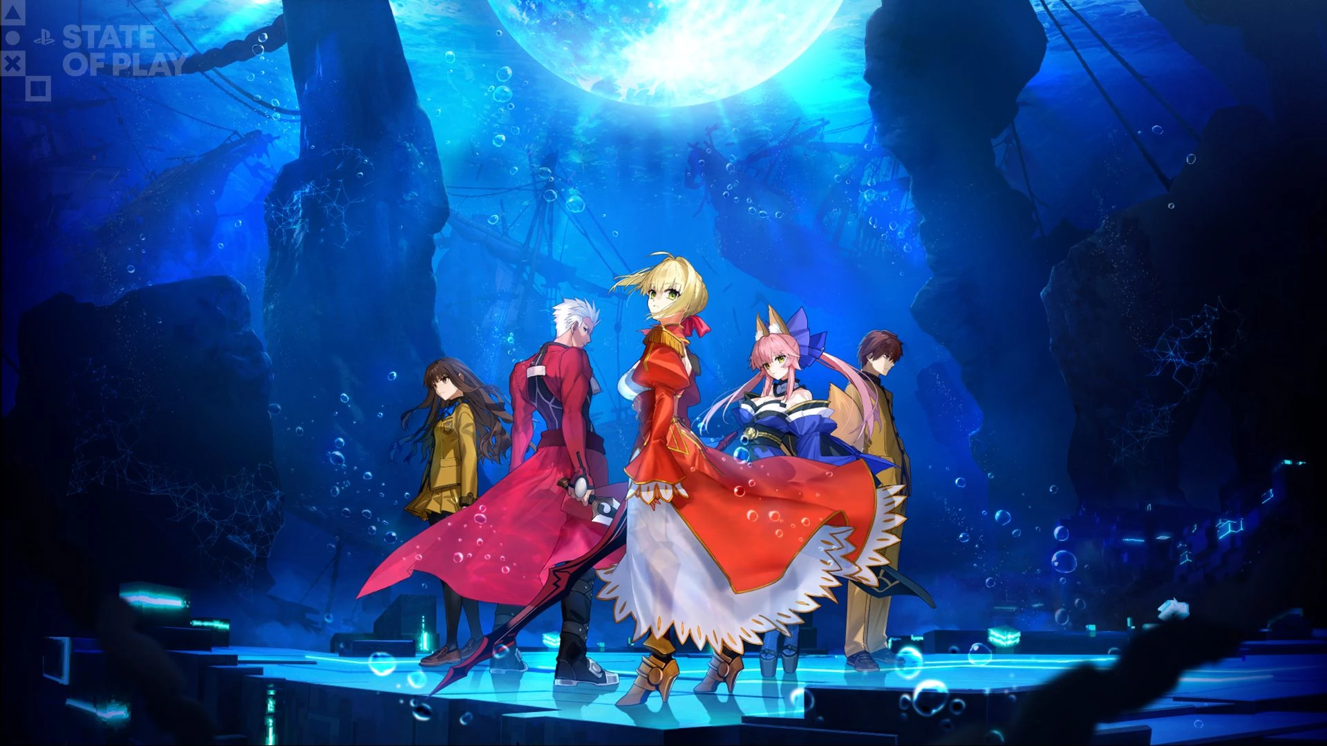 Fate/Extra Record characters stand in a blue digital arena in an official promotional still.
