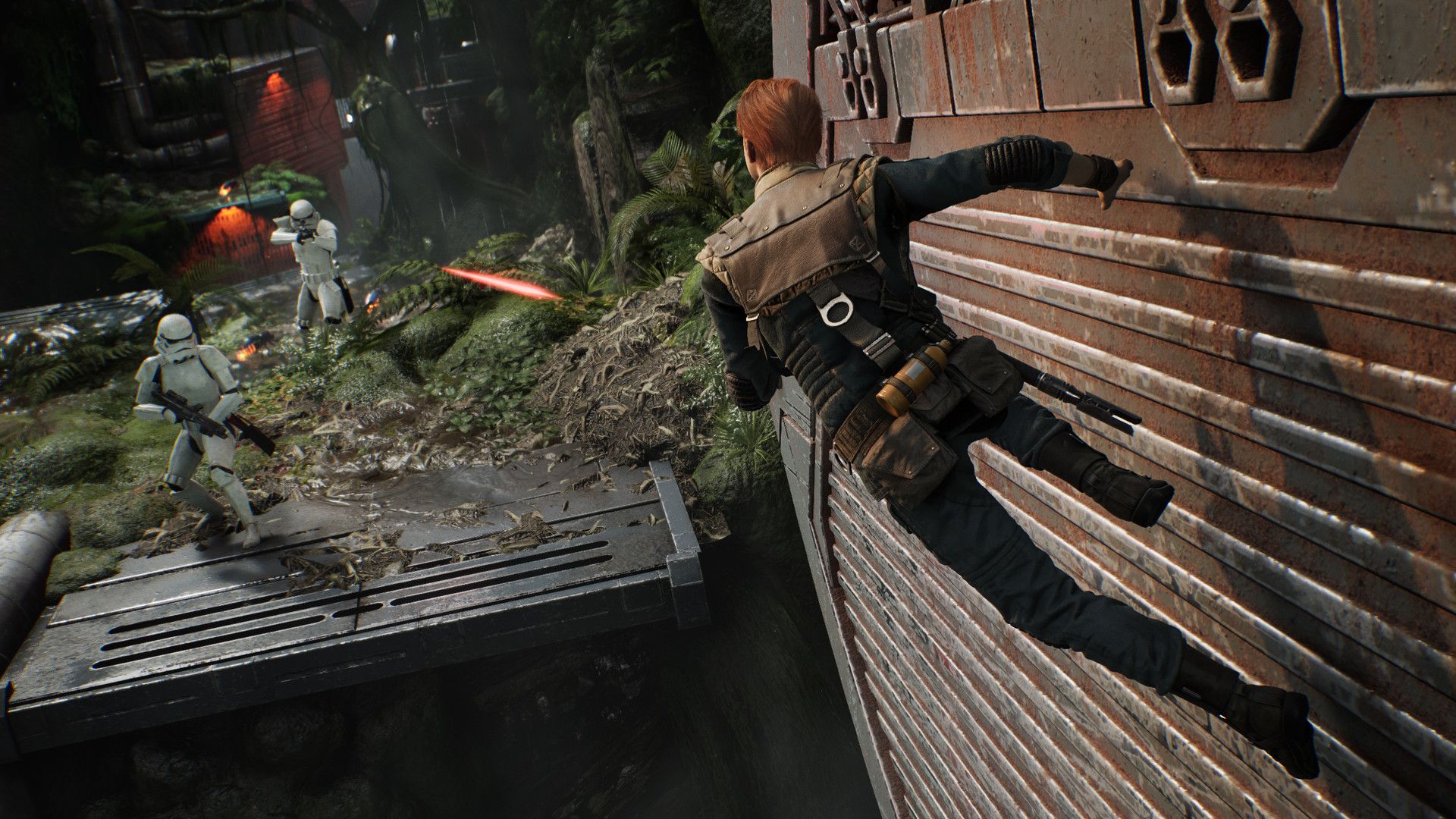 Cal runs sideways along a wall above enemies and a drop.