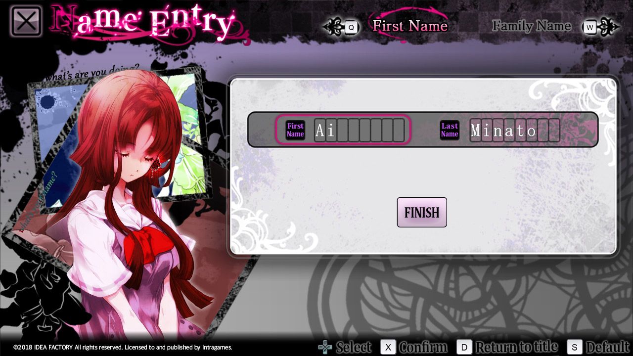 The heroine's name-entry screen in Psychedelica of the Black Butterfly.