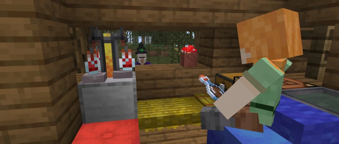 Minecraft players sit around a campfire using the new cushion feature.