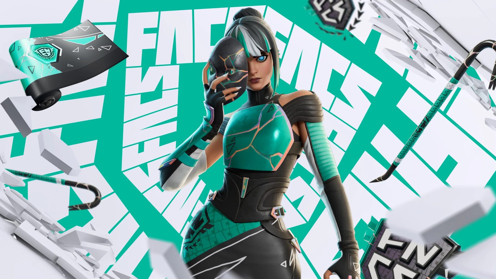 A Fortnite character in teal-and-black gear surrounded by matching game artwork.