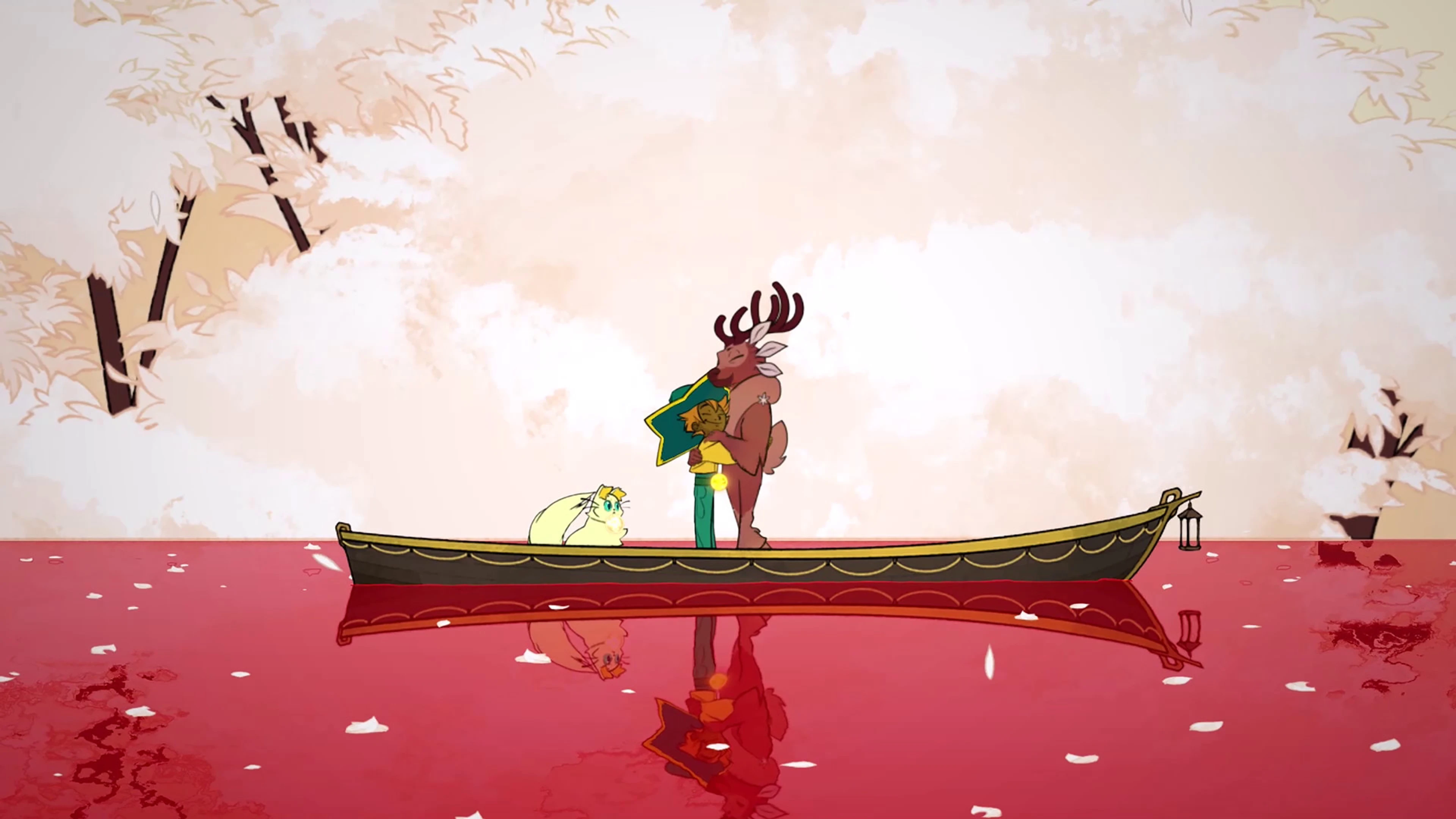 Stella embracing a spirit aboard a small boat in Spiritfarer.