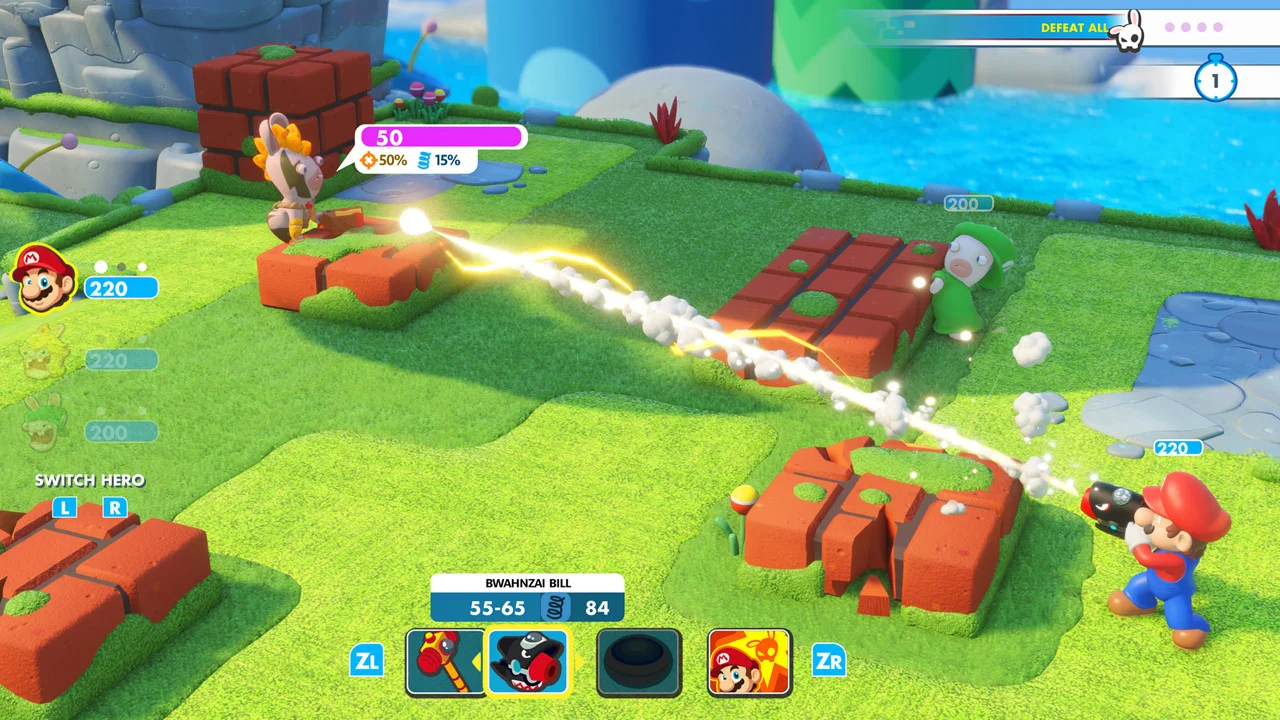 Mario fires a blaster across a field, with his portrait and HP at left and the weapon and technique icons along the bottom.