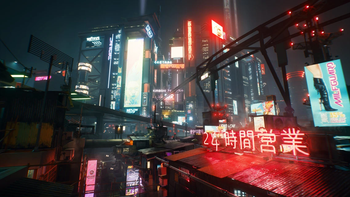 Official Cyberpunk 2077 image showing Night City's neon skyline at night.