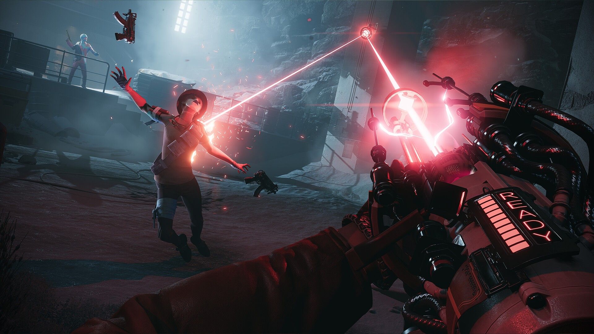 First-person combat scene with Colt using an unusual weapon.