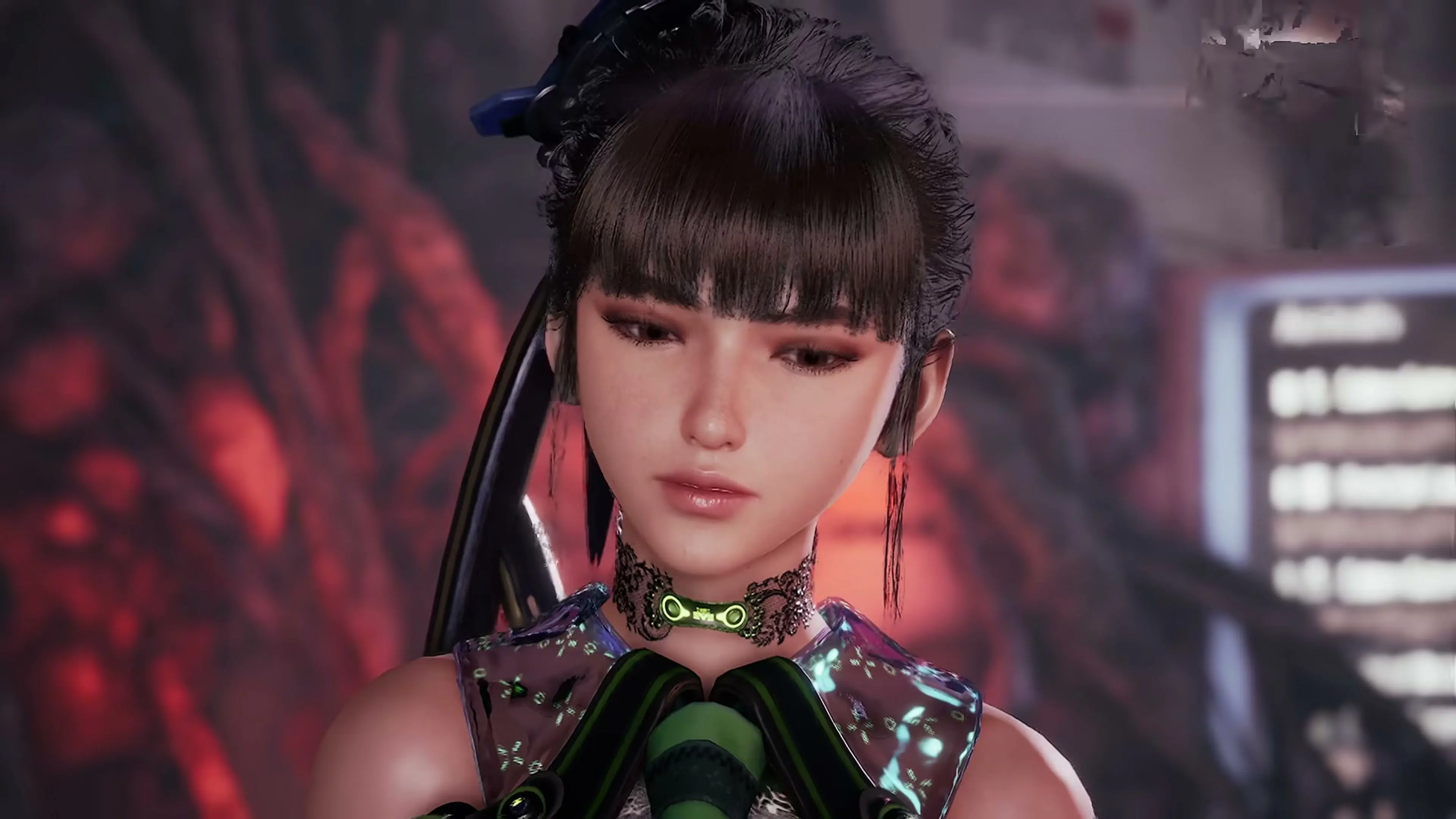 EVE wears a Bayonetta-inspired green and black outfit in Stellar Blade.