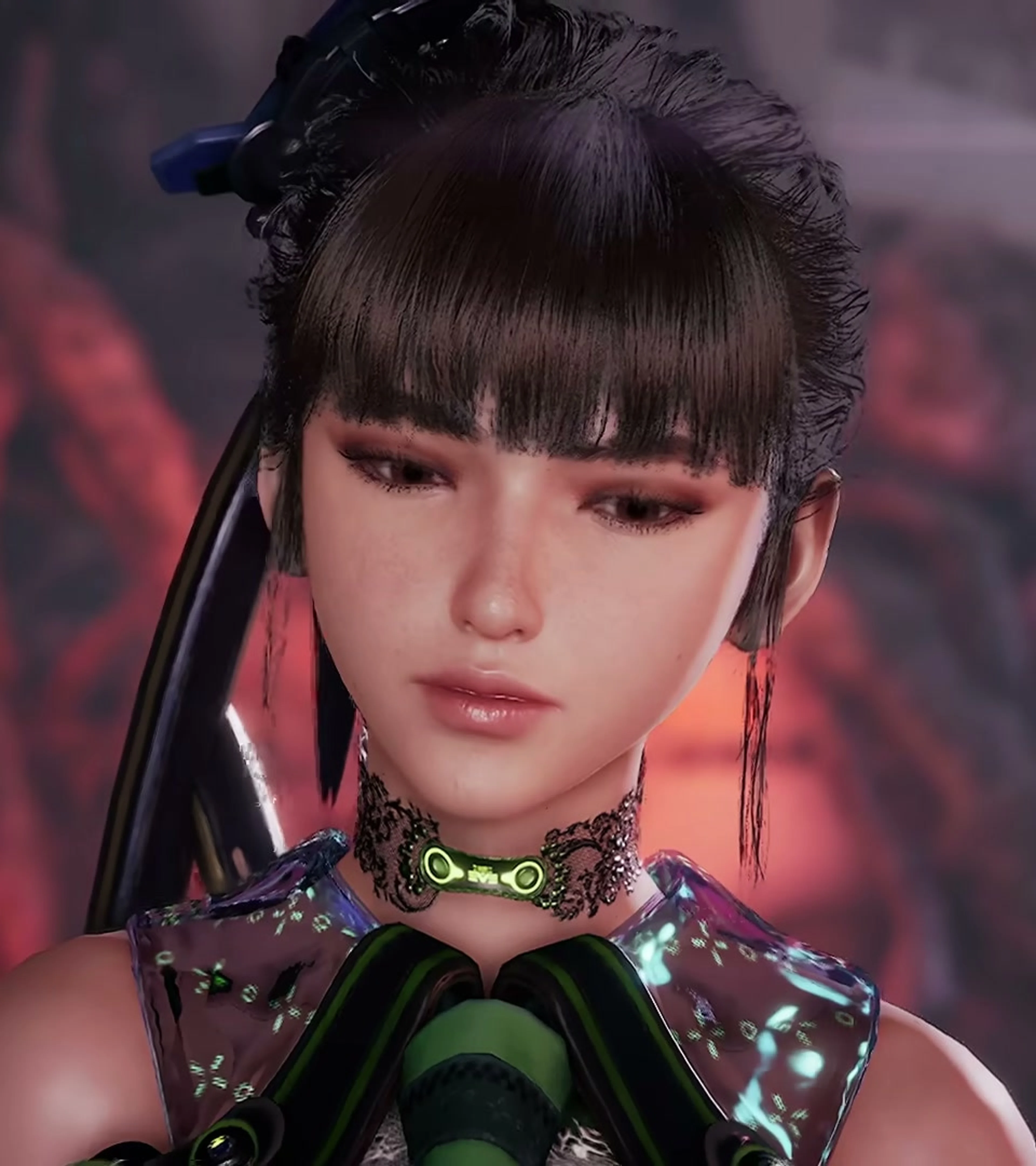 EVE wears a Bayonetta-inspired green and black outfit in Stellar Blade.