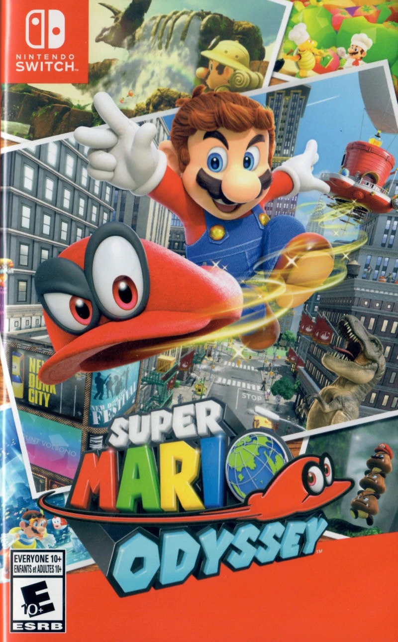 Original official Super Mario Odyssey Nintendo Switch cover with Mario, Cappy, New Donk City and the native logo.