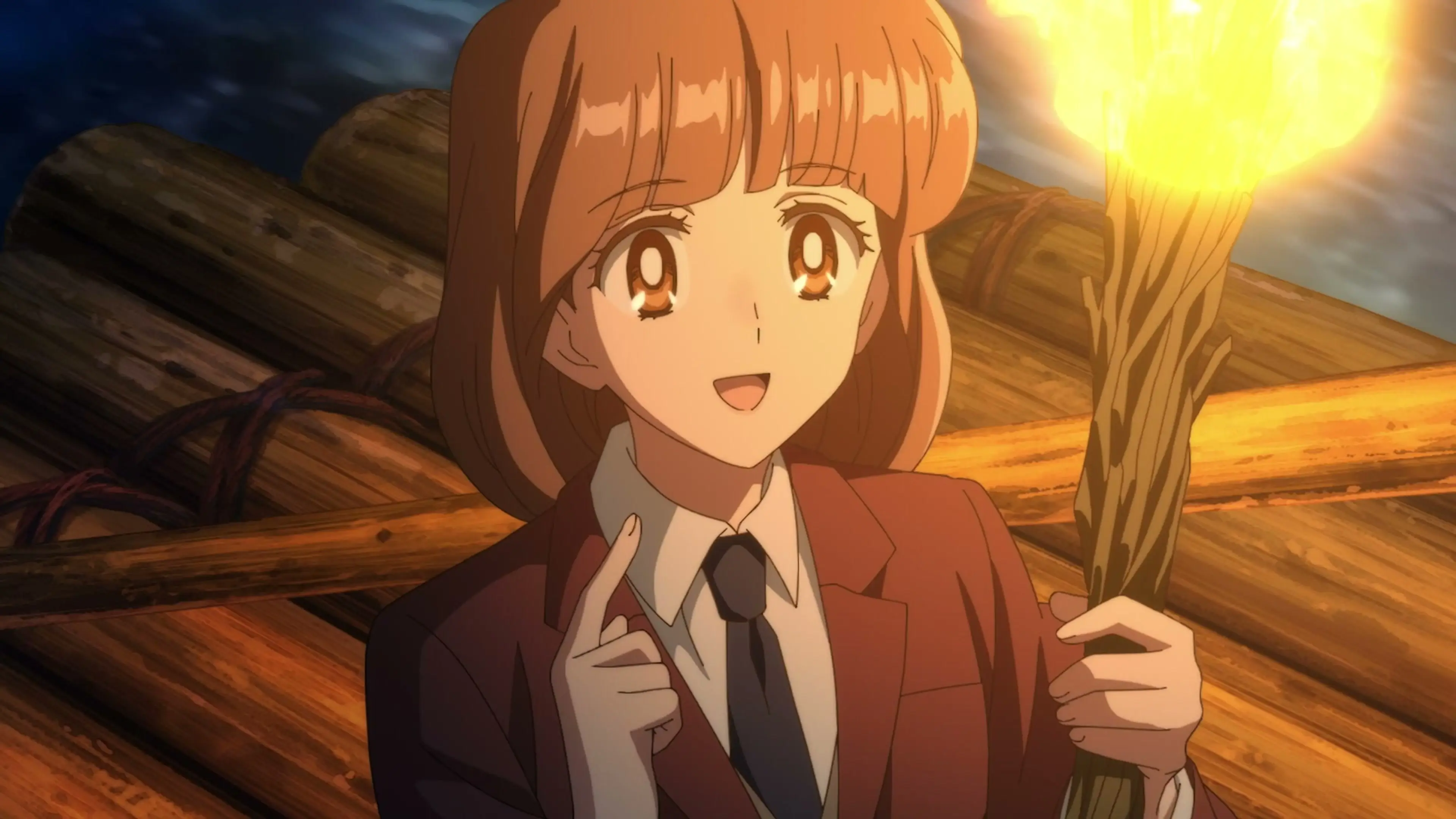 Noriko smiles while holding a bright torch on a wooden raft in the From Far Away anime trailer.