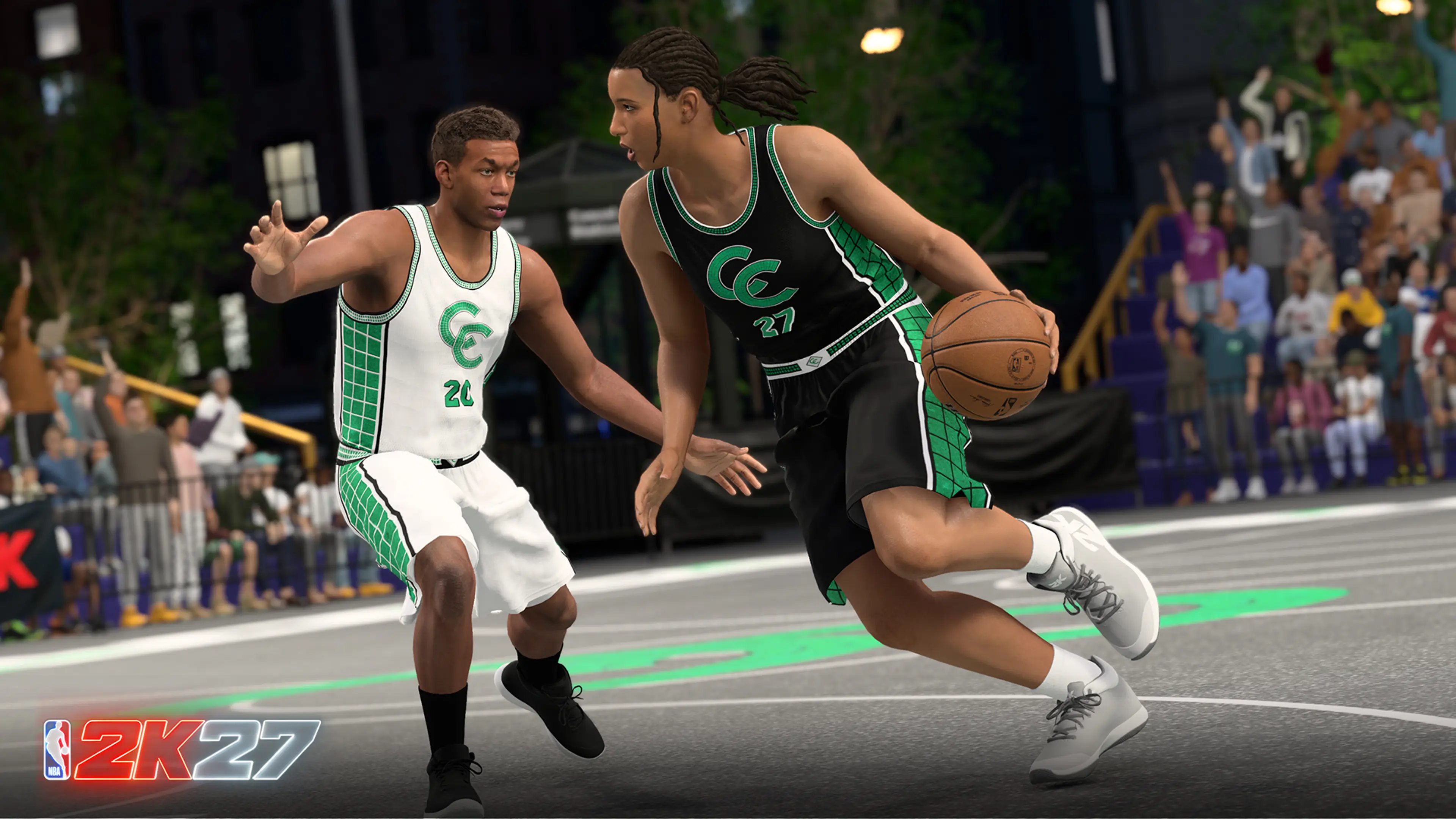 A female MyPLAYER dribbles against a defender on an outdoor City court in NBA 2K27.