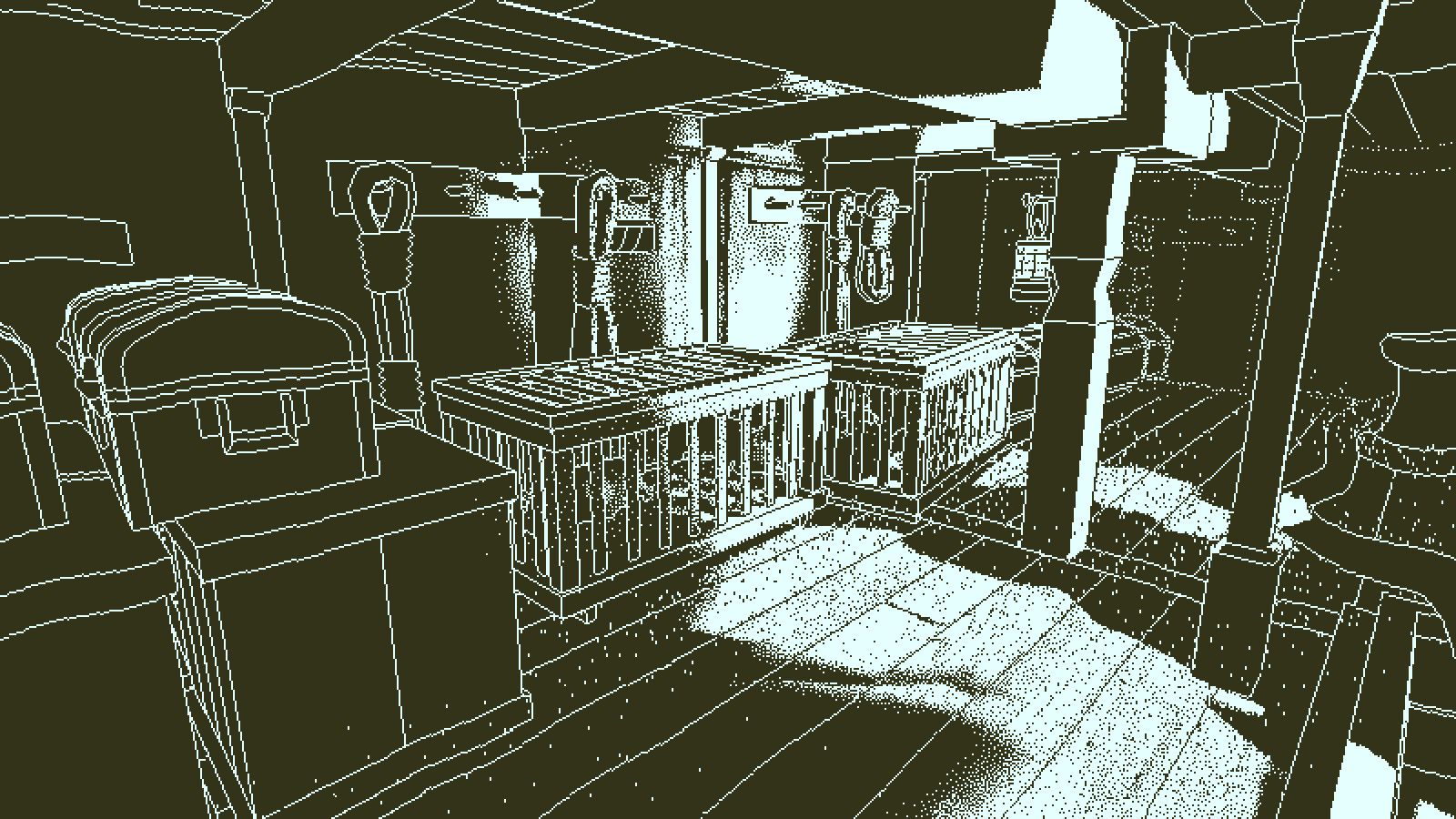 A monochrome view of an empty ship hold with stacked cages and equipment.