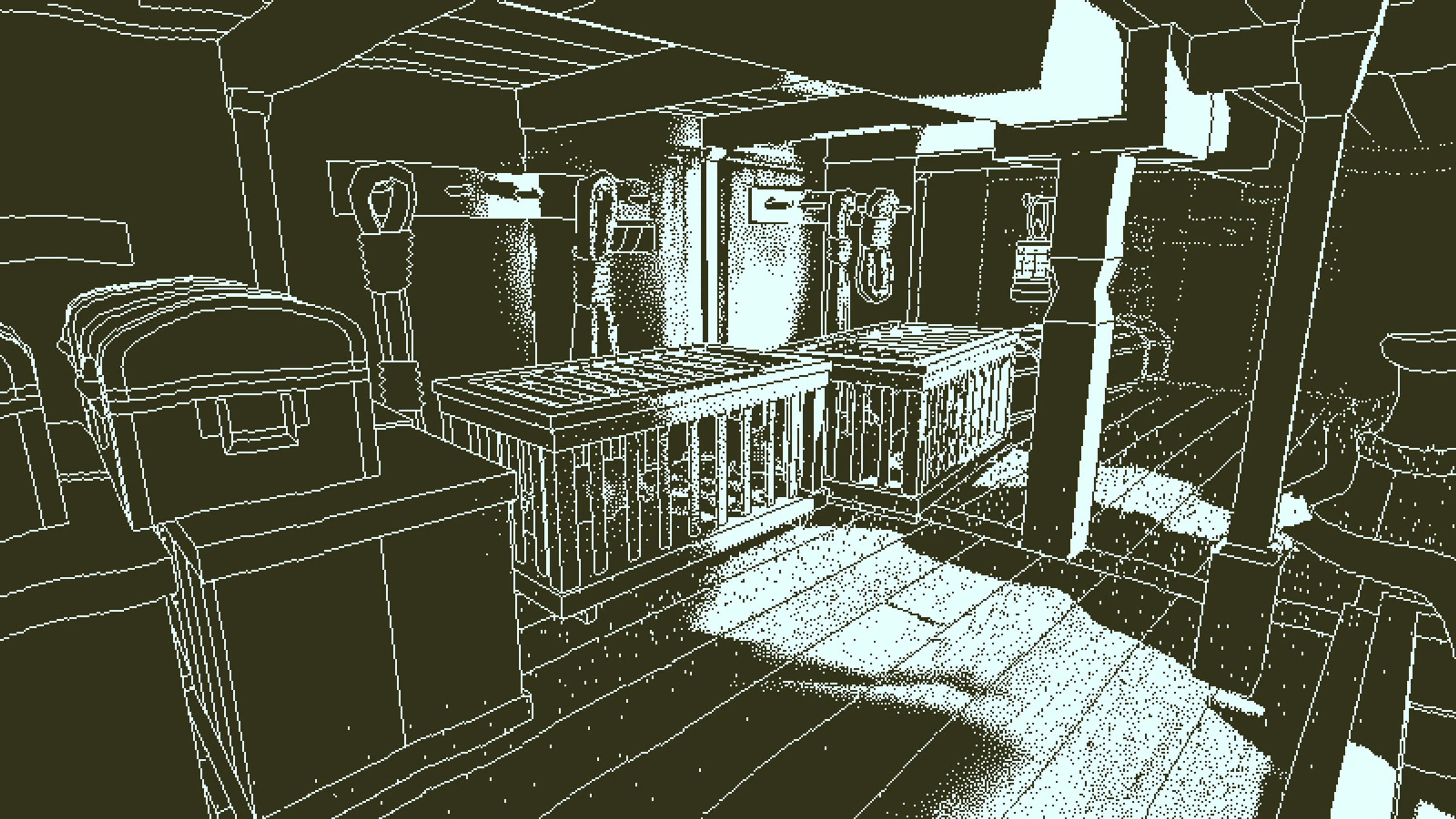 An empty lower-deck storage space contains cages, crates and structural beams.