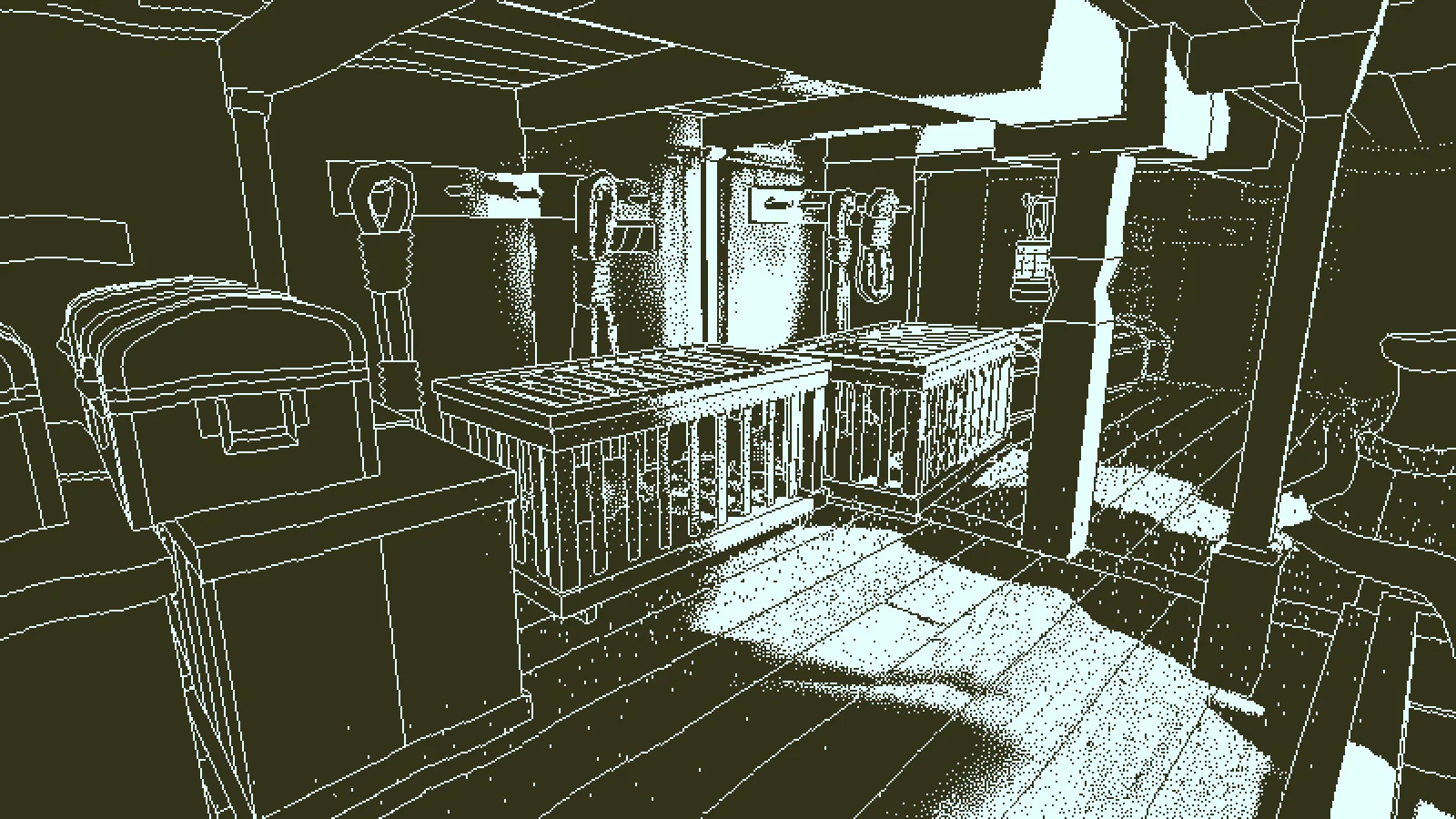 An empty lower-deck storage space contains cages, crates and structural beams.