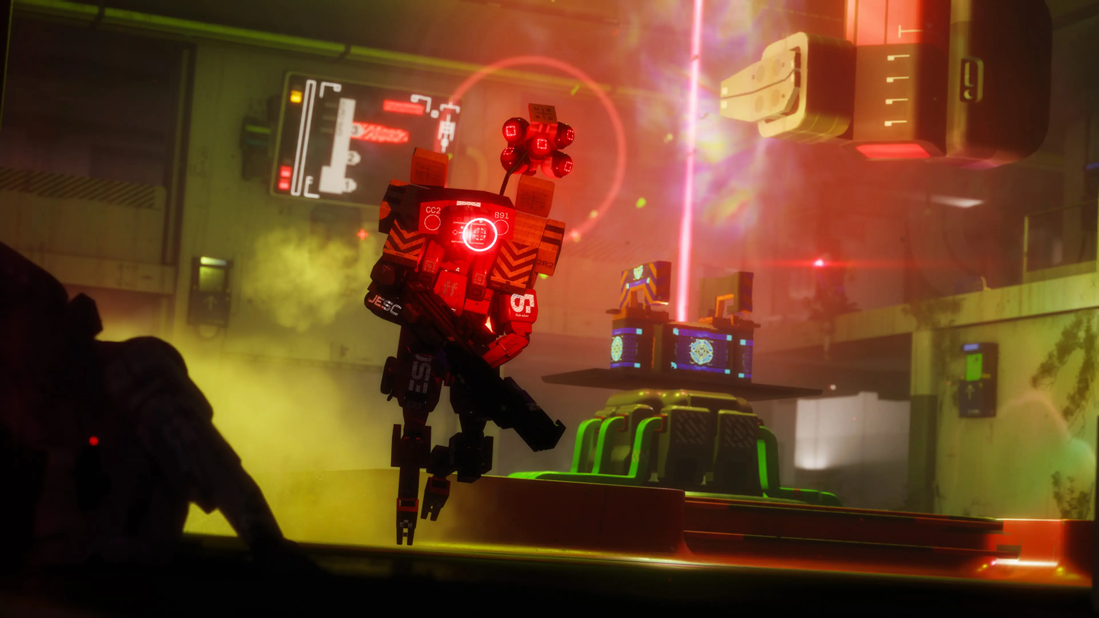 An armed UESC combatant advances through a red- and green-lit Cryo Archive room.