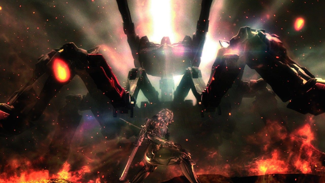 Raiden faces a large mechanical foe in a fiery arena.