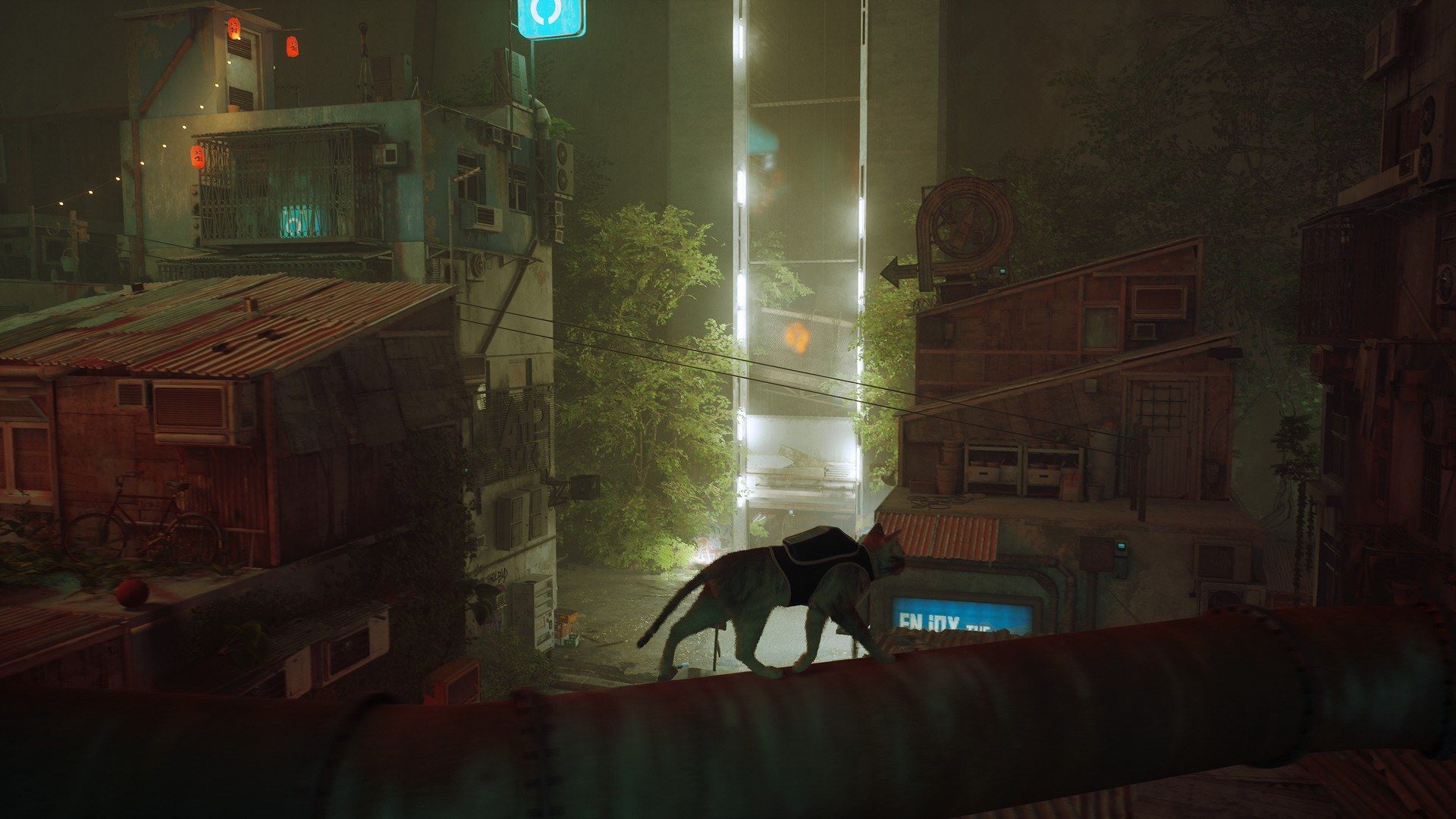 The cat crosses a high rooftop walkway.