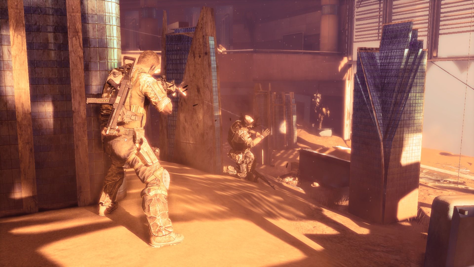 Spec Ops soldiers exchange gunfire in an urban corridor.