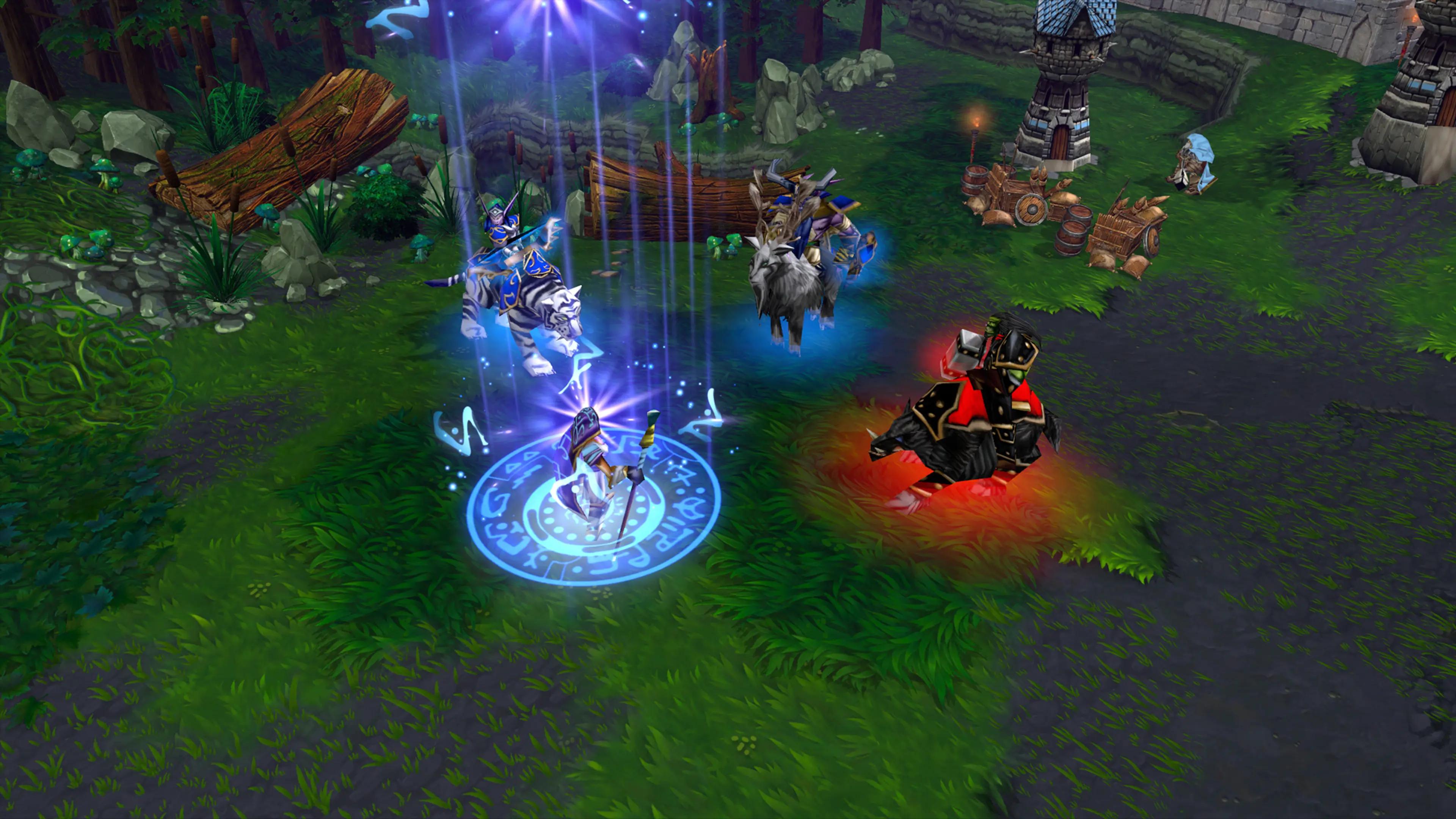 Mounted Human and Orc units fight near a forest settlement in Warcraft III: Reforged.