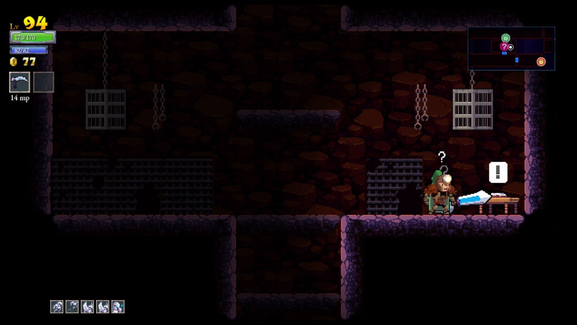 A knight stands on a narrow castle platform with a small map in the corner.
