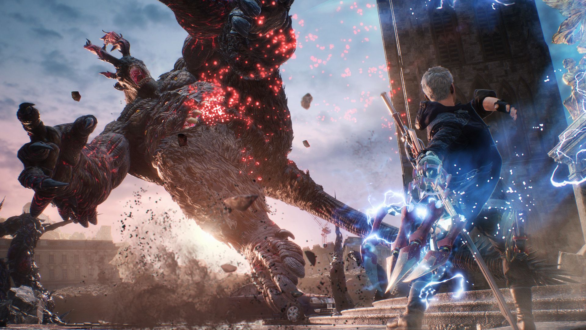 Nero faces a huge demon with a glowing blue mechanical arm.