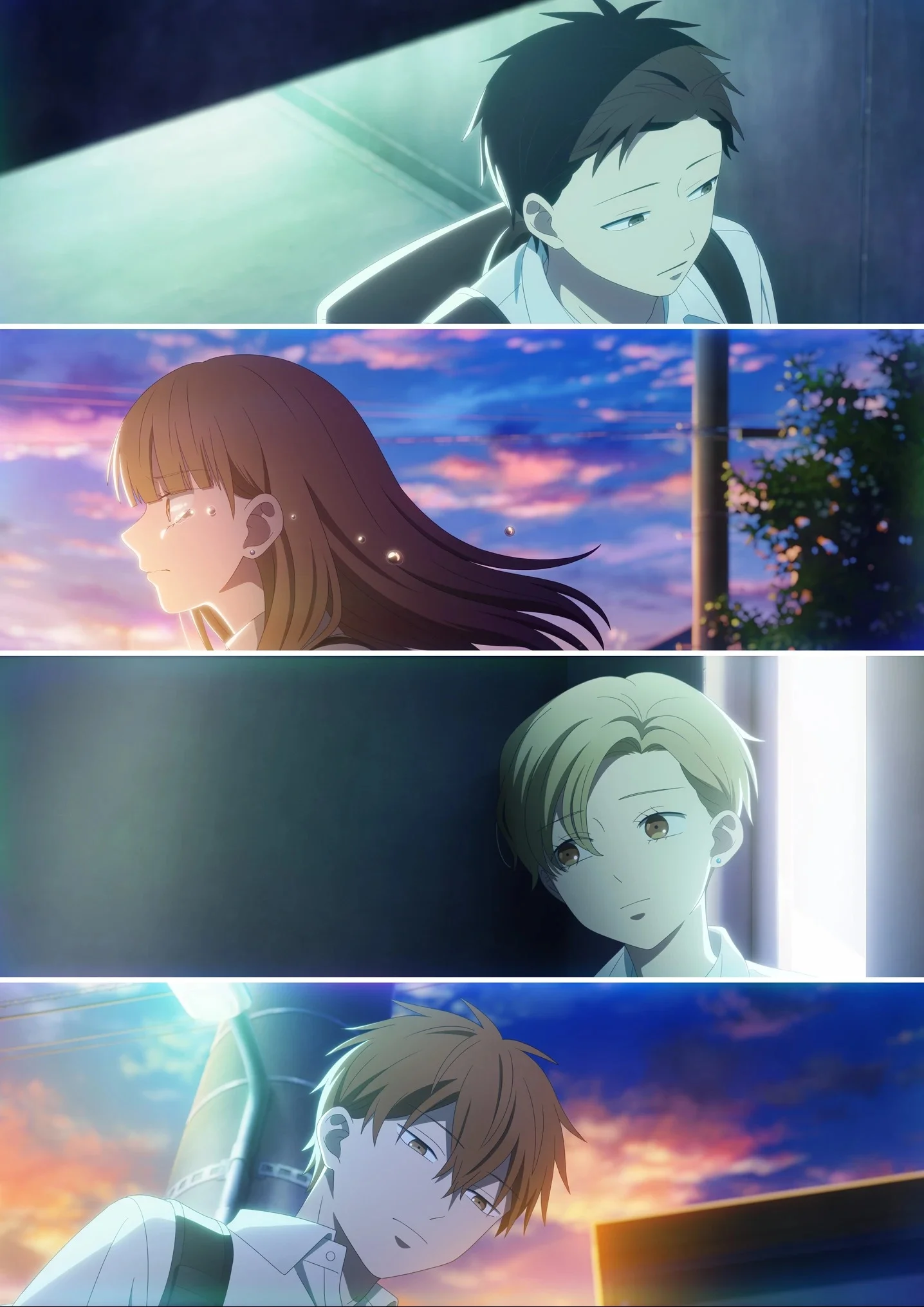 Four characters appear in separate panels against changing blue and sunset skies.
