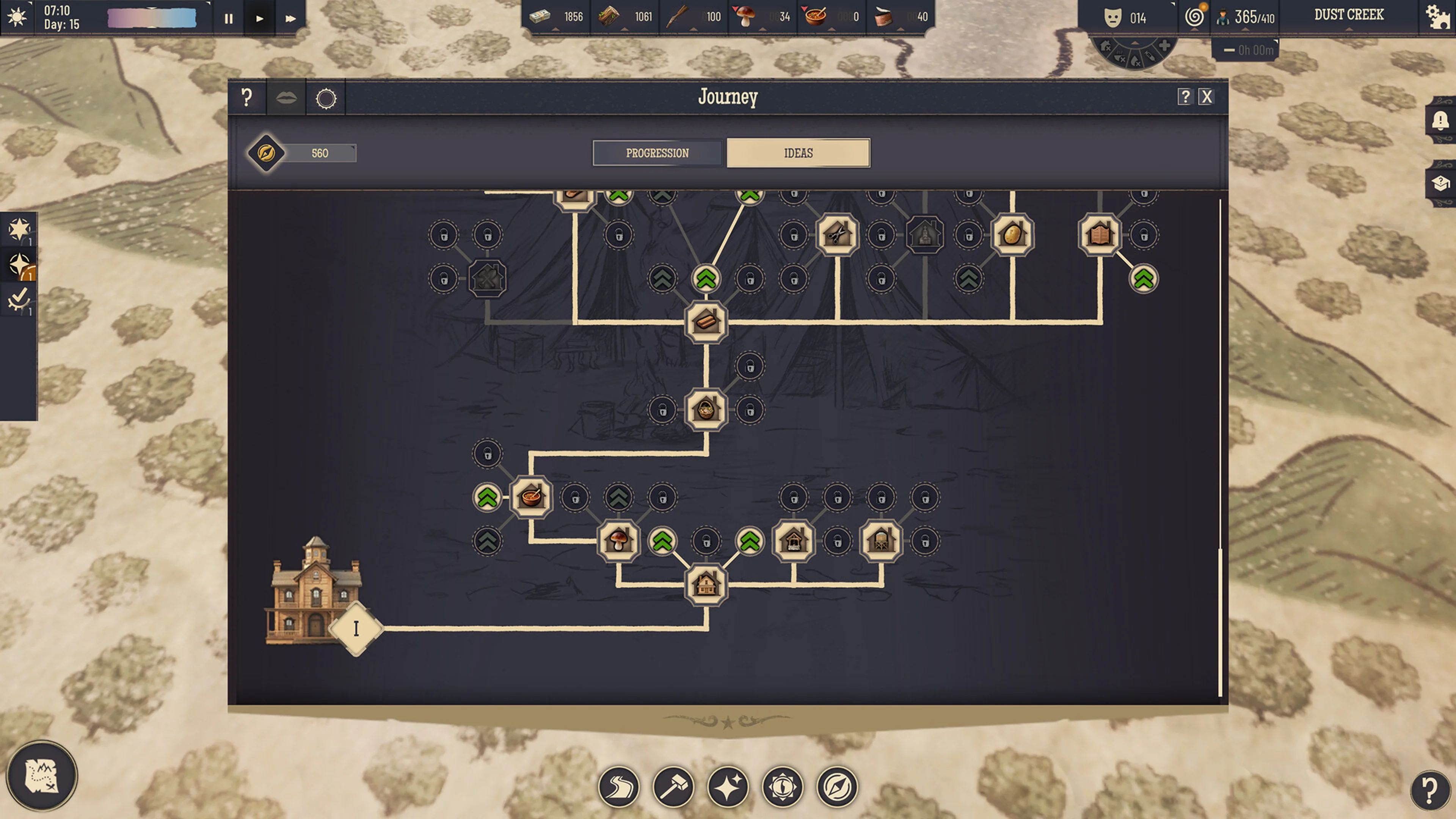 The Wild West Pioneers Journey menu shows a branching set of building upgrades.