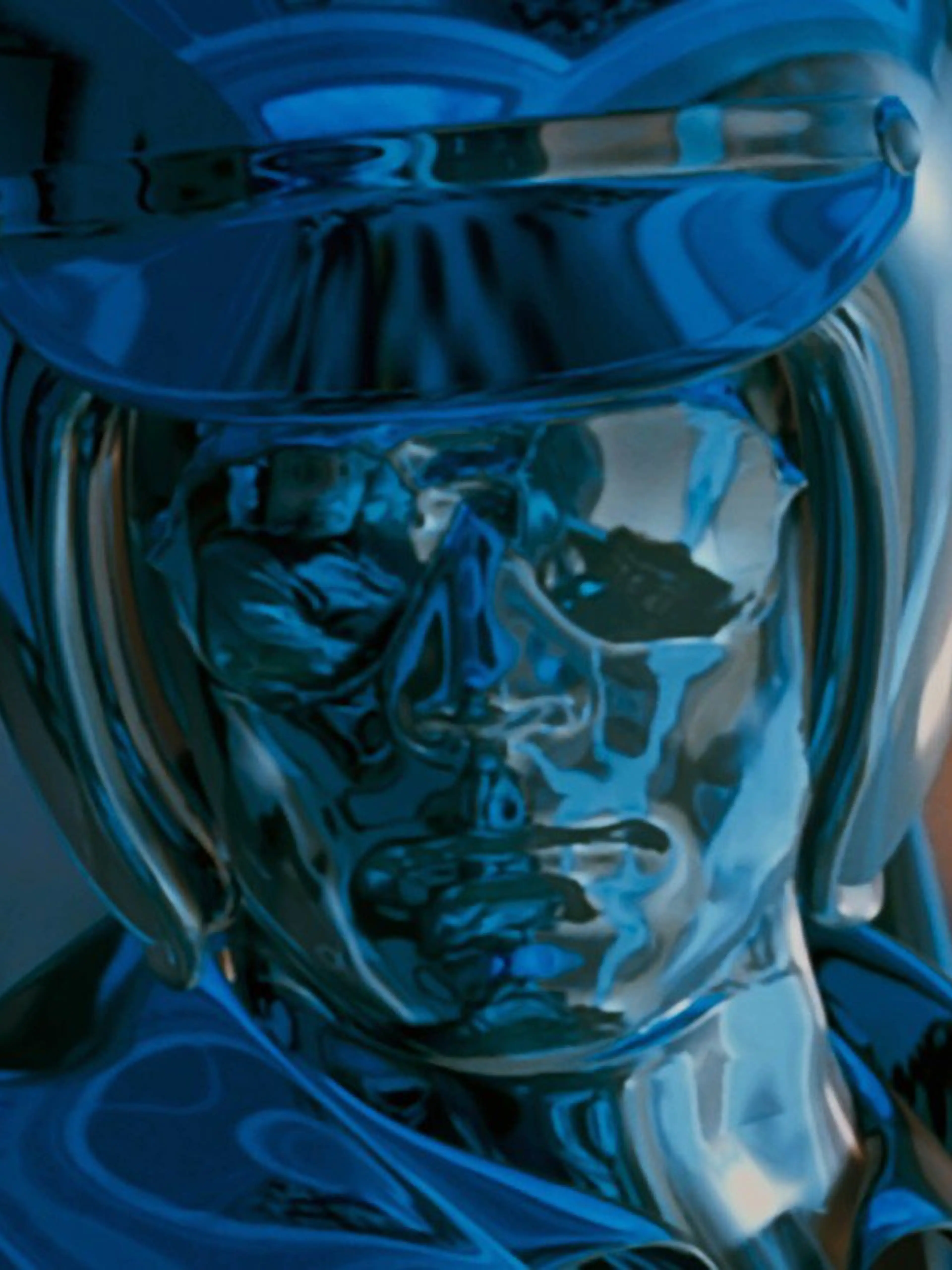 The T-1000's chrome face reflects a police-helicopter cockpit in Terminator 2: Judgment Day.