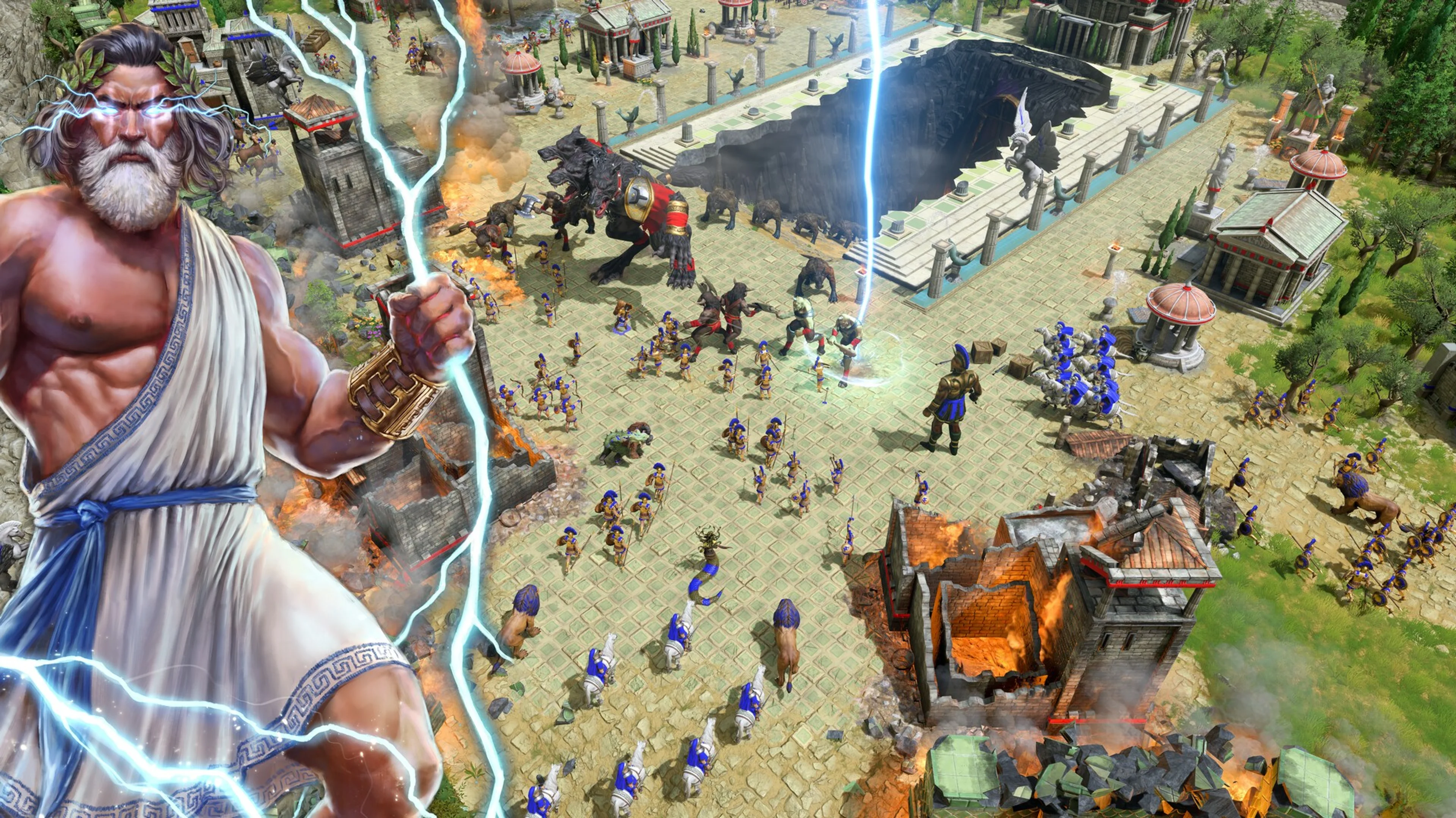 Official promotional artwork pairs Zeus with a battlefield. Greek god choices change the powers and units available to an army.