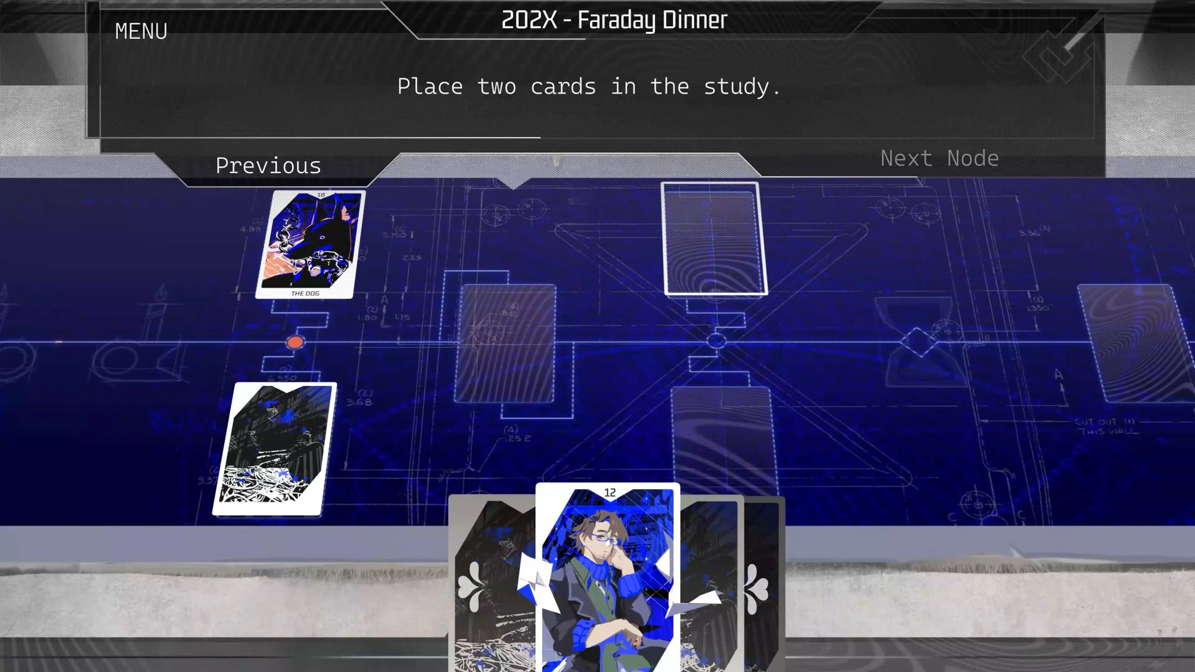 Character cards sit on a blue timeline board in Faraday Blues.