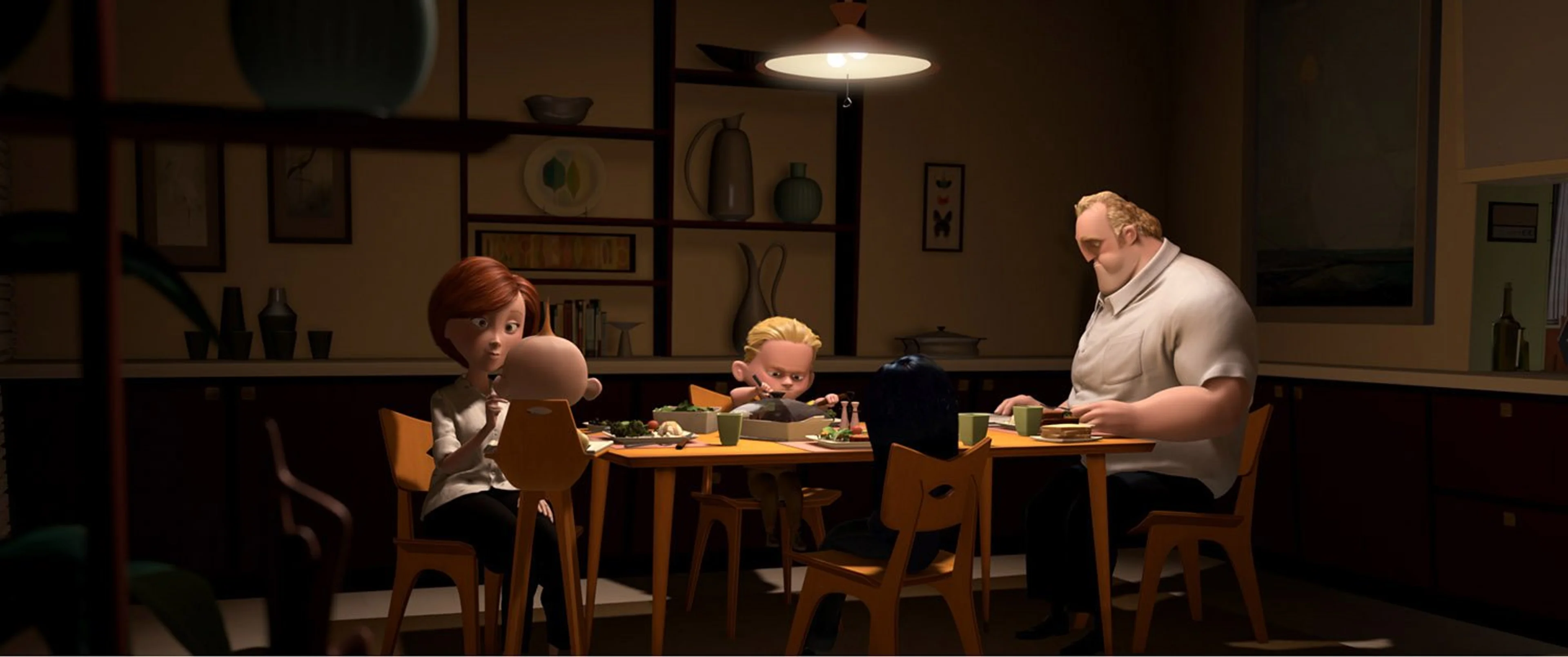 The Parr family sits together around the dinner table in an official Pixar image.