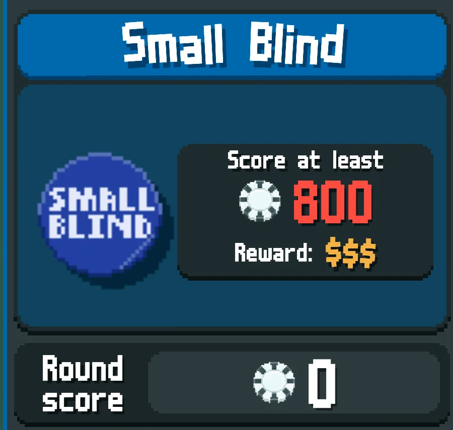 The left panel shows Small Blind, Score at least 800 and Round score 0 directly below.