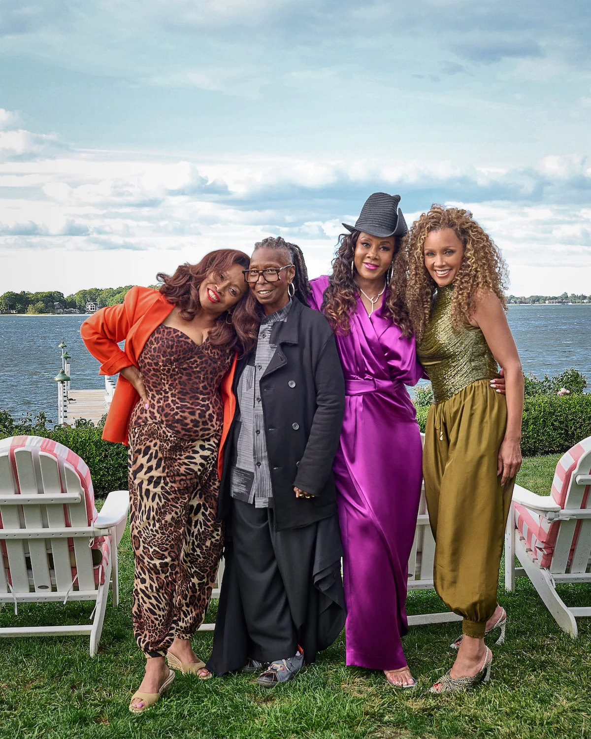 Jenifer Lewis, Whoopi Goldberg, Vivica A. Fox and Vanessa Williams pose together on the Women Like Us set.