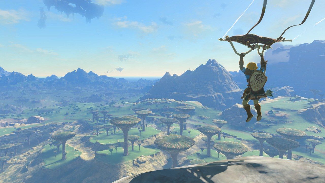 Link glides over a broad landscape with mushroom-shaped trees.