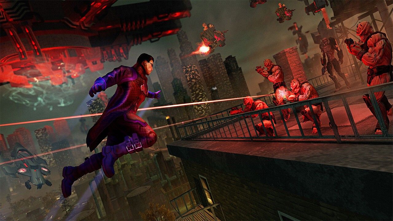 The Boss runs across a metal platform toward attacking alien forces.