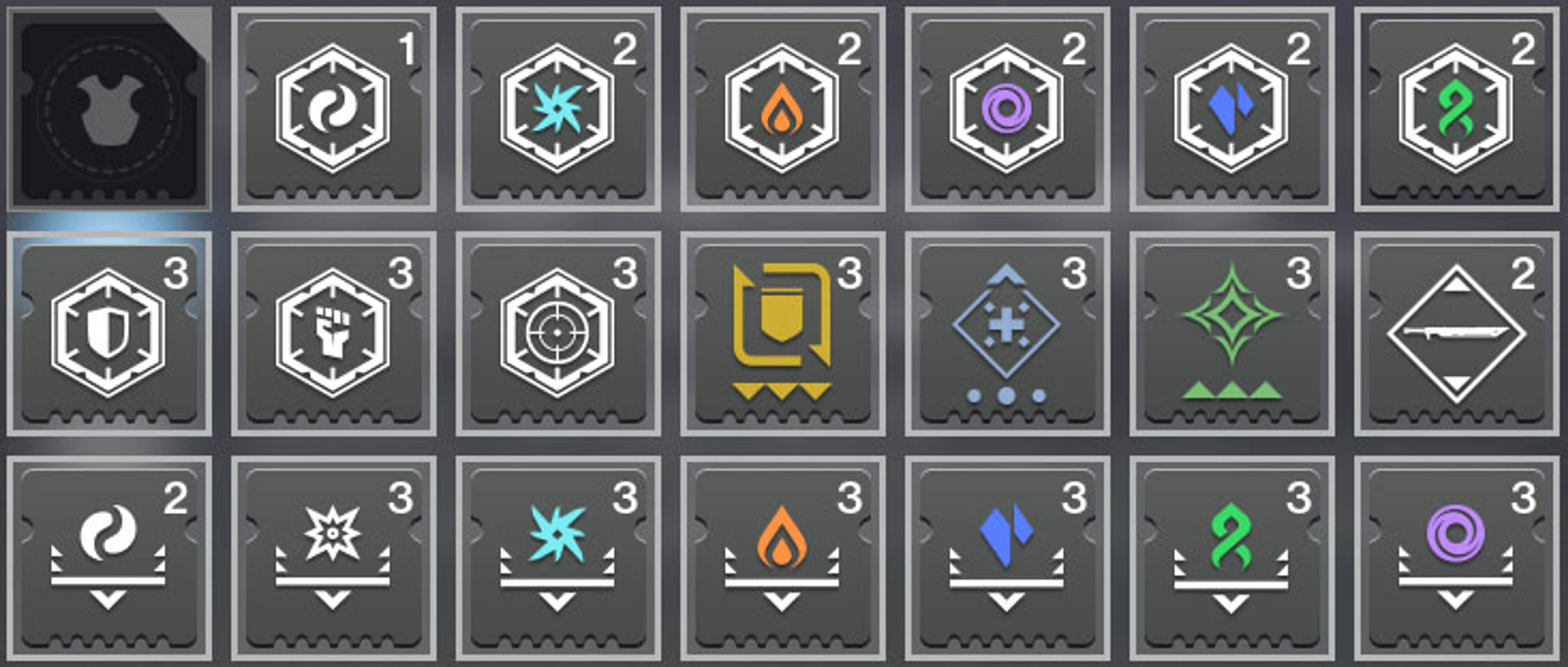 Destiny 2 armor archetype and stat icons displayed in the inventory interface.