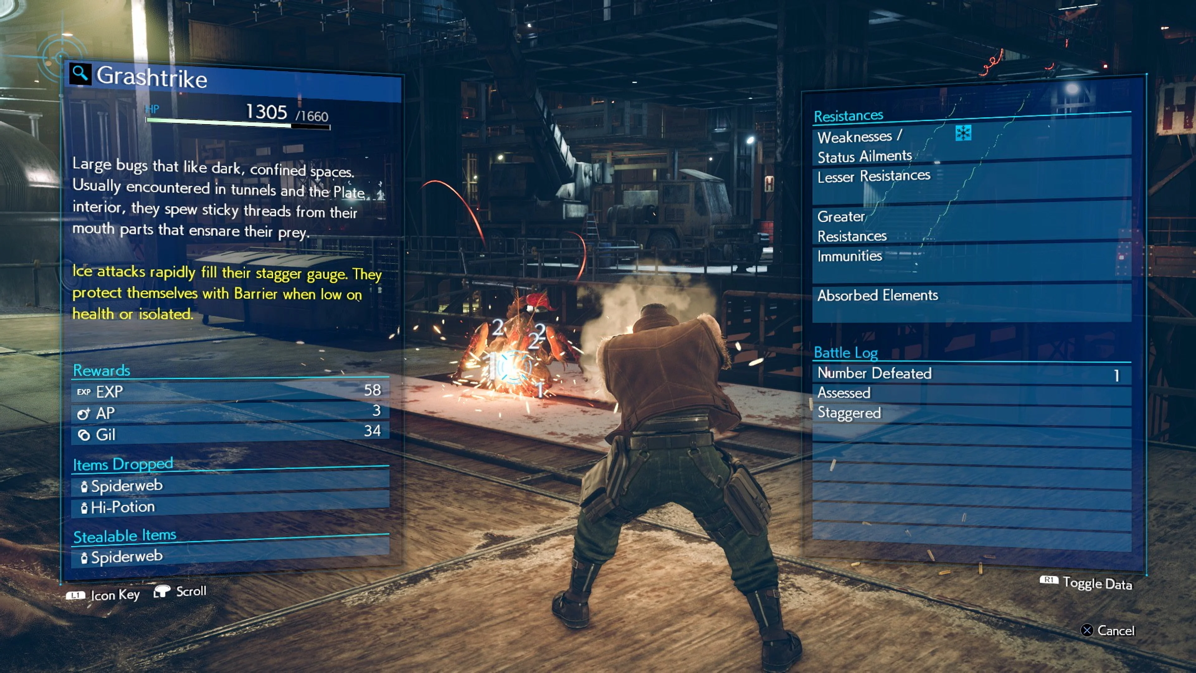 Official Assess information screen for a Grashtrike: yellow guidance on the left says ice attacks fill its stagger gauge, and the right panel lists weaknesses.