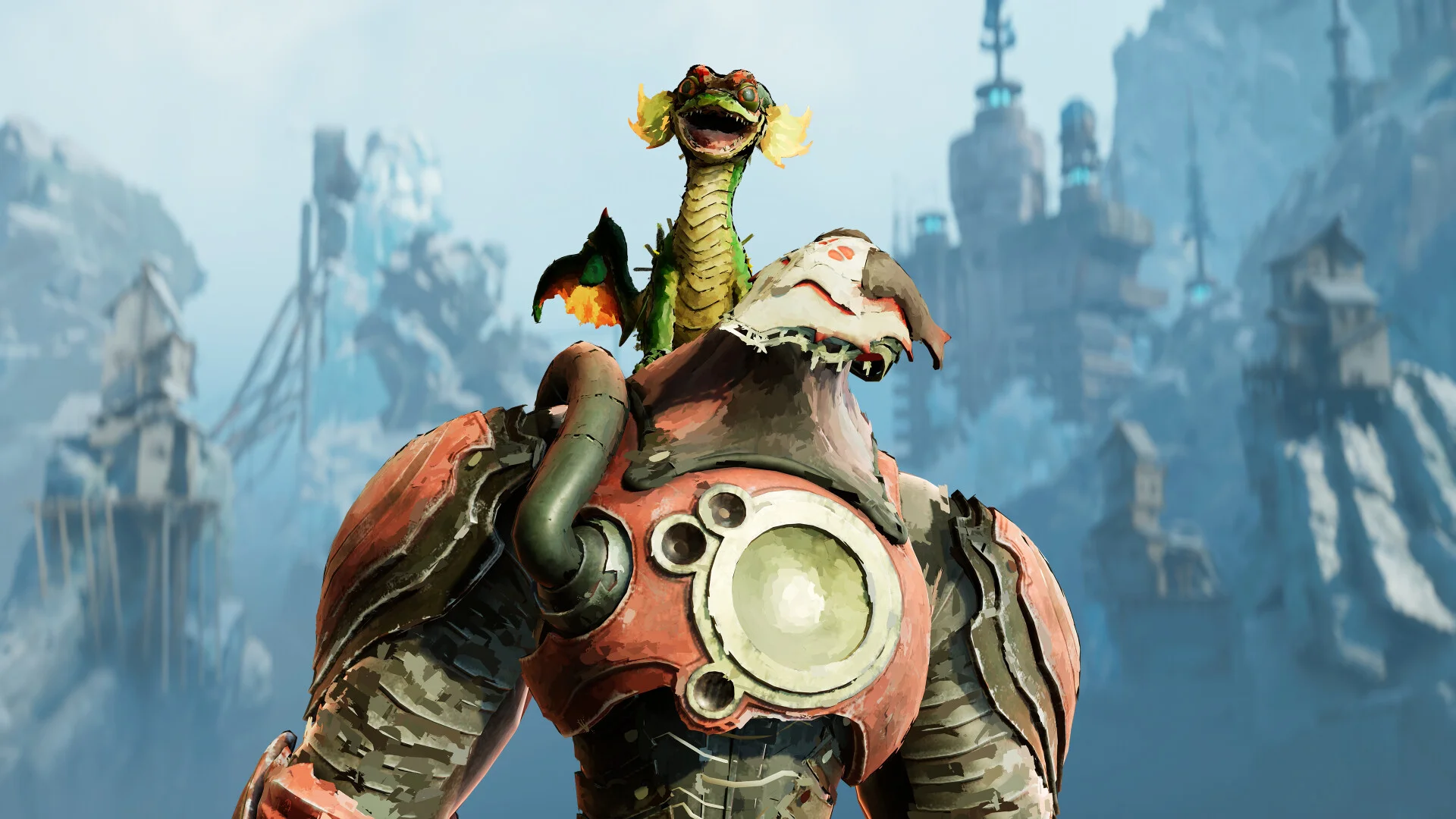 Elta sits on Victus’ shoulder above his red armor.