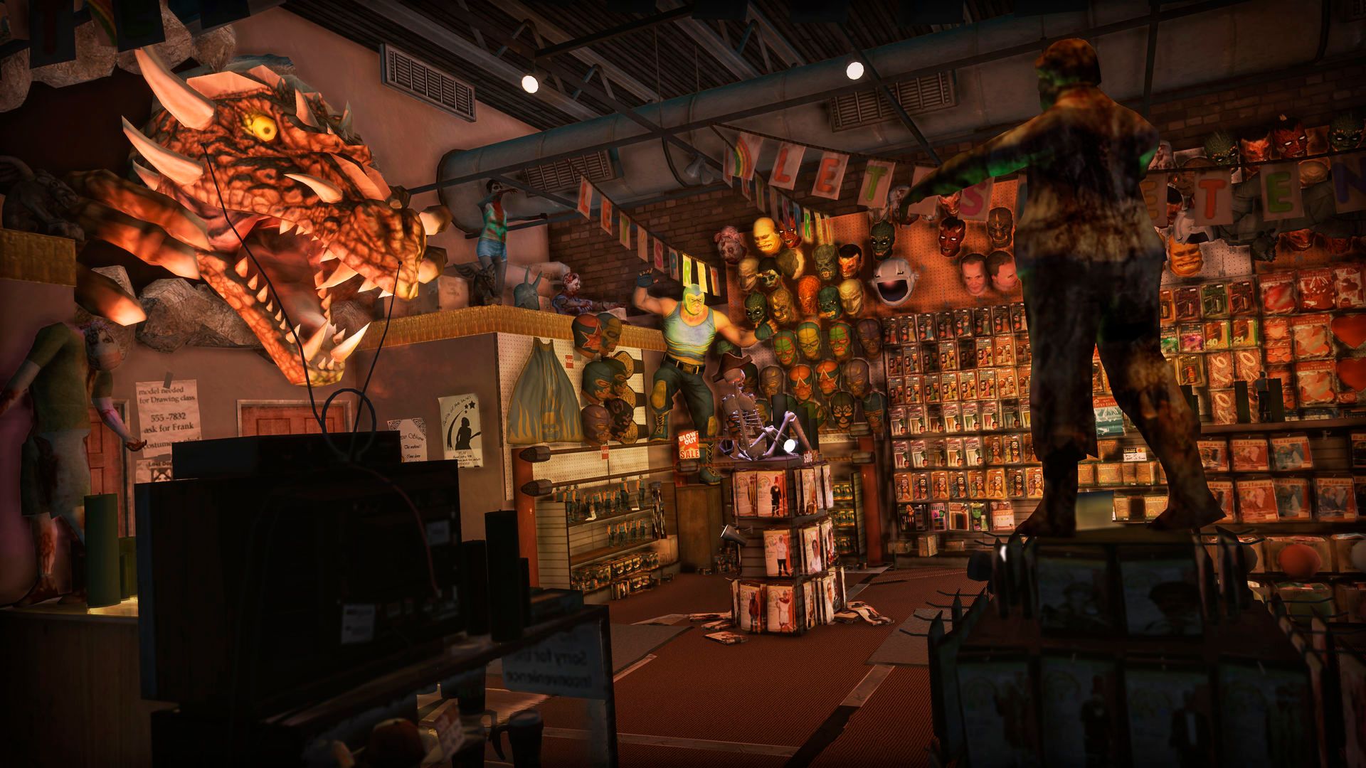 The Let’s Pretend shop interior is filled with costume masks, props and mannequins.